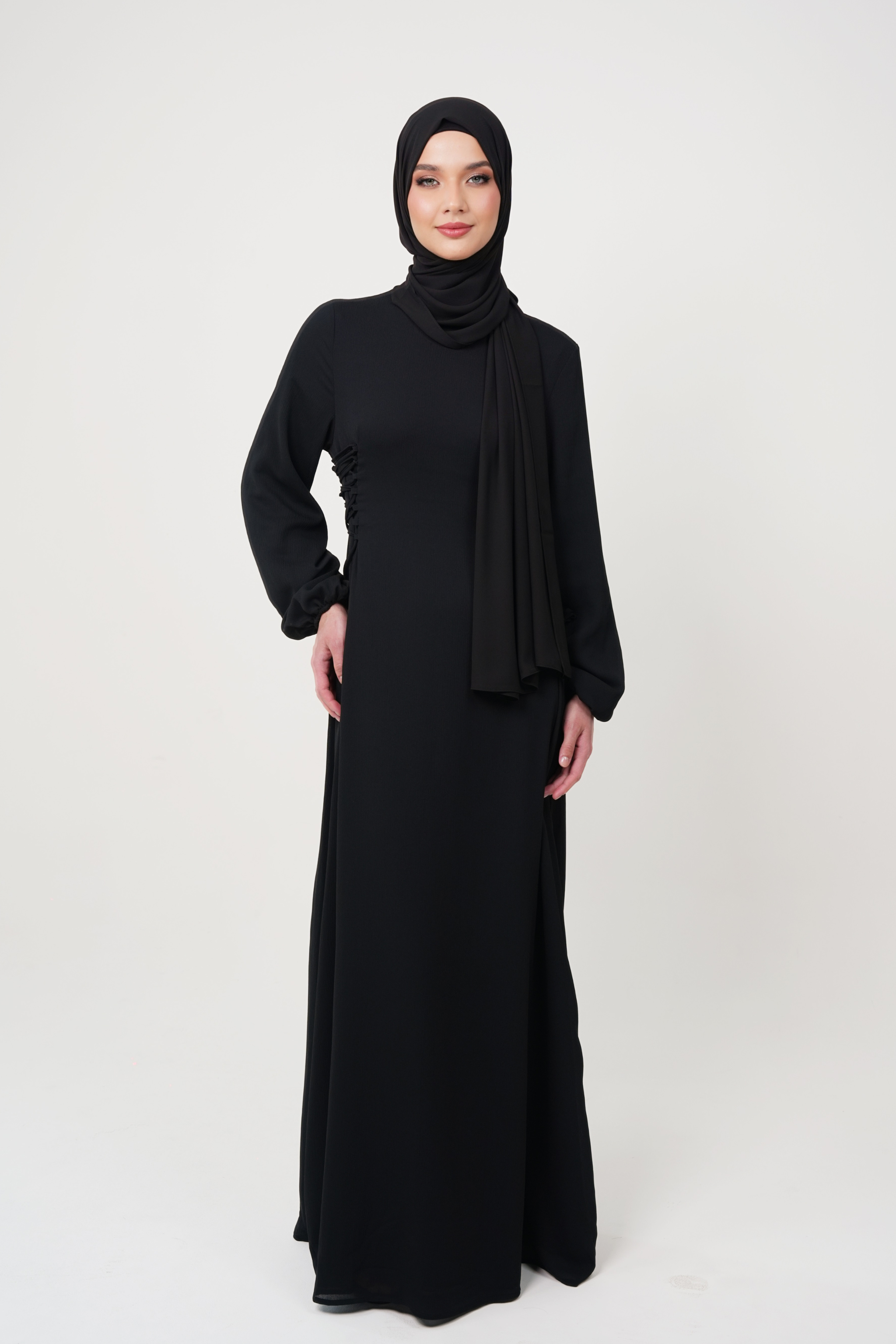 Textured Chiffon Maxi Dress with Side Waist Tie Detail - Black