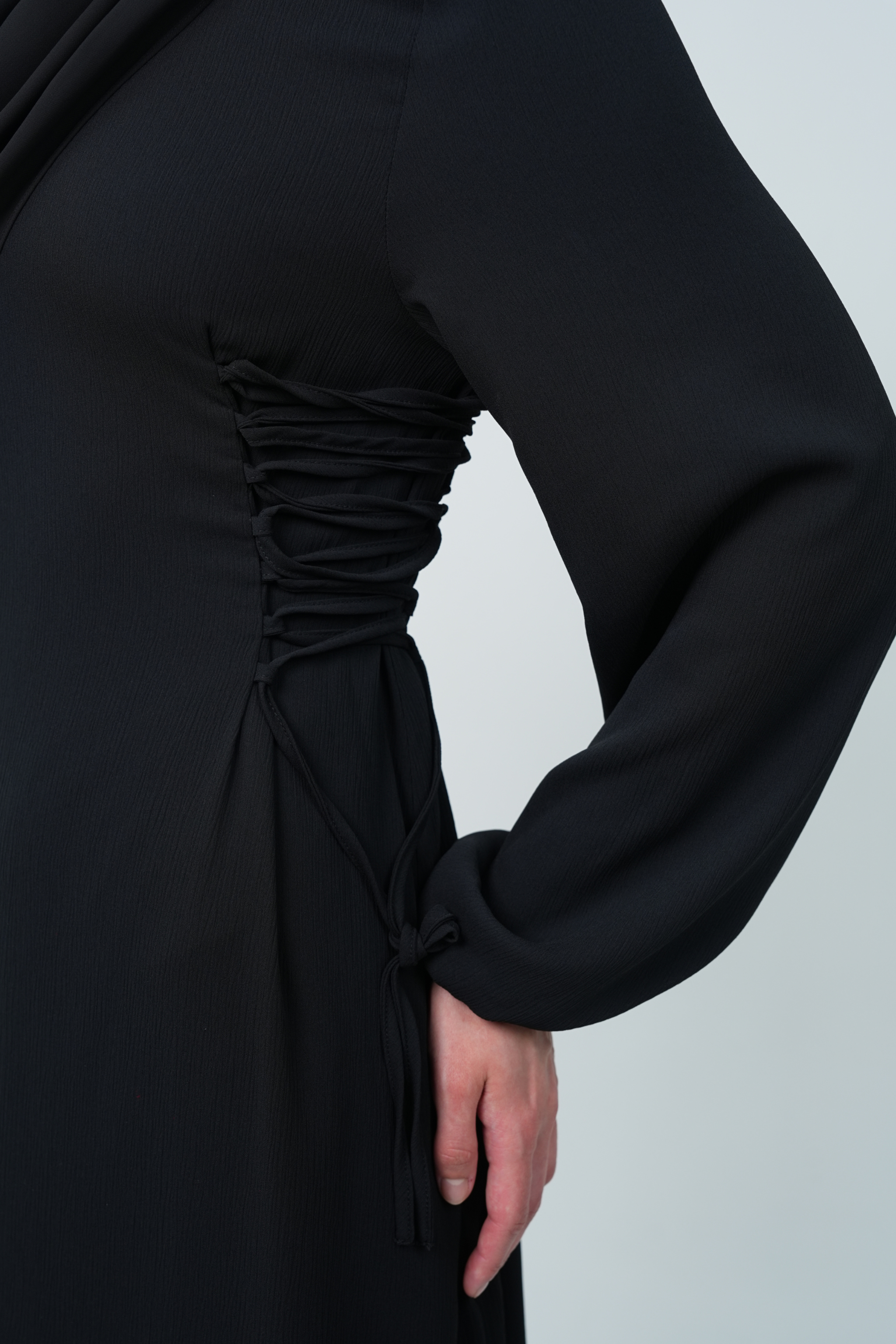 Textured Chiffon Maxi Dress with Side Waist Tie Detail - Black