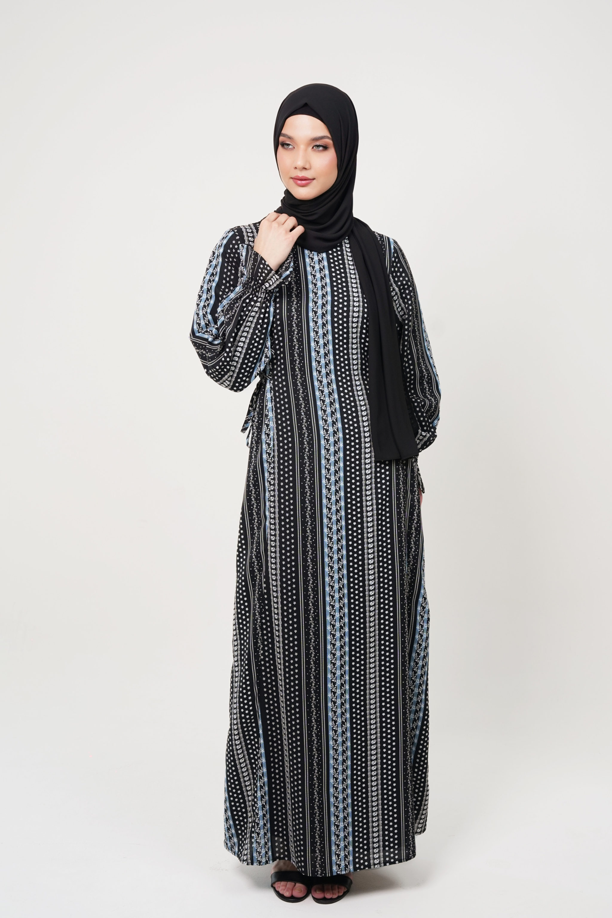 Printed Cold Crepe Maxi Dress with Adjustable Waist Tie - Black