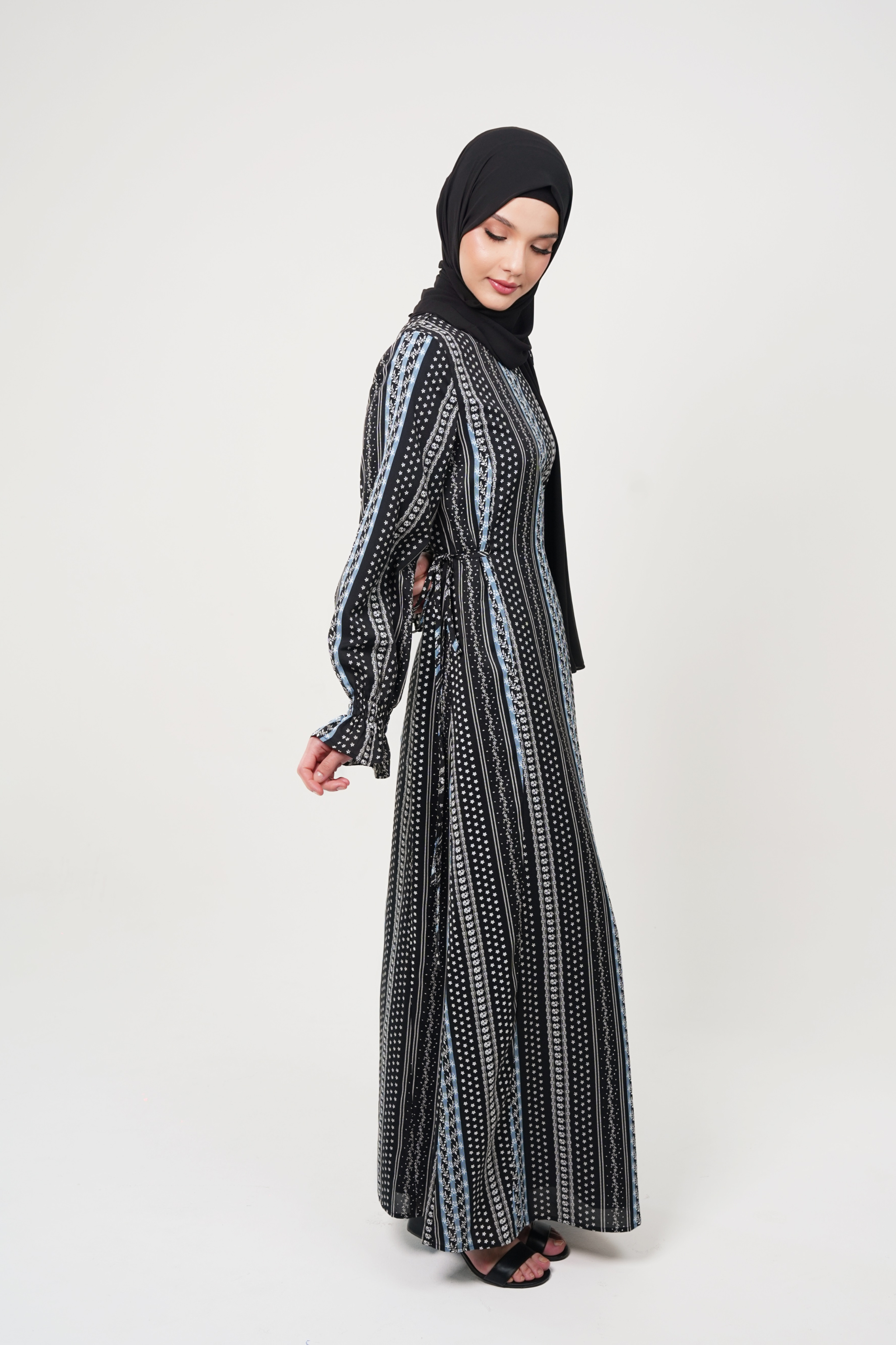 Printed Cold Crepe Maxi Dress with Adjustable Waist Tie - Black