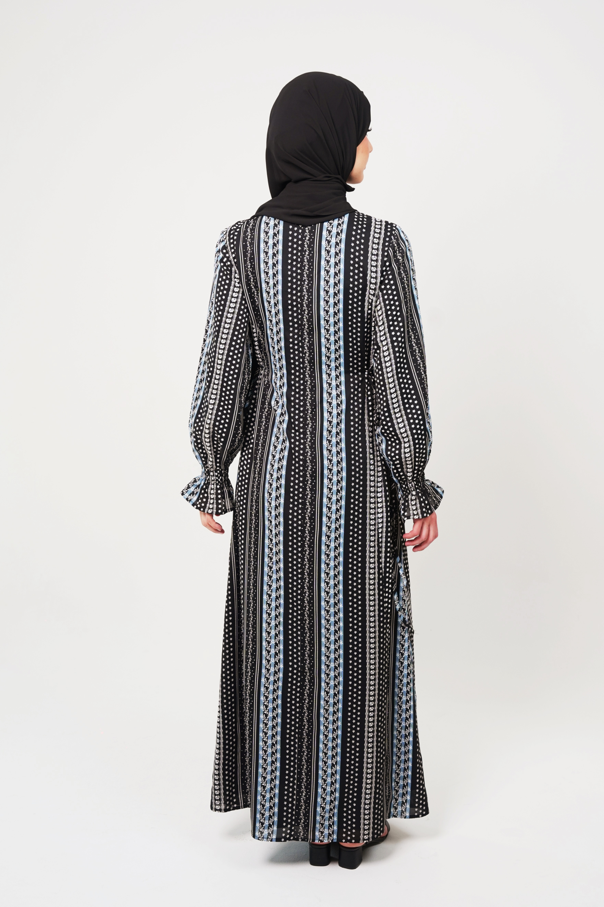 Printed Cold Crepe Maxi Dress with Adjustable Waist Tie - Black