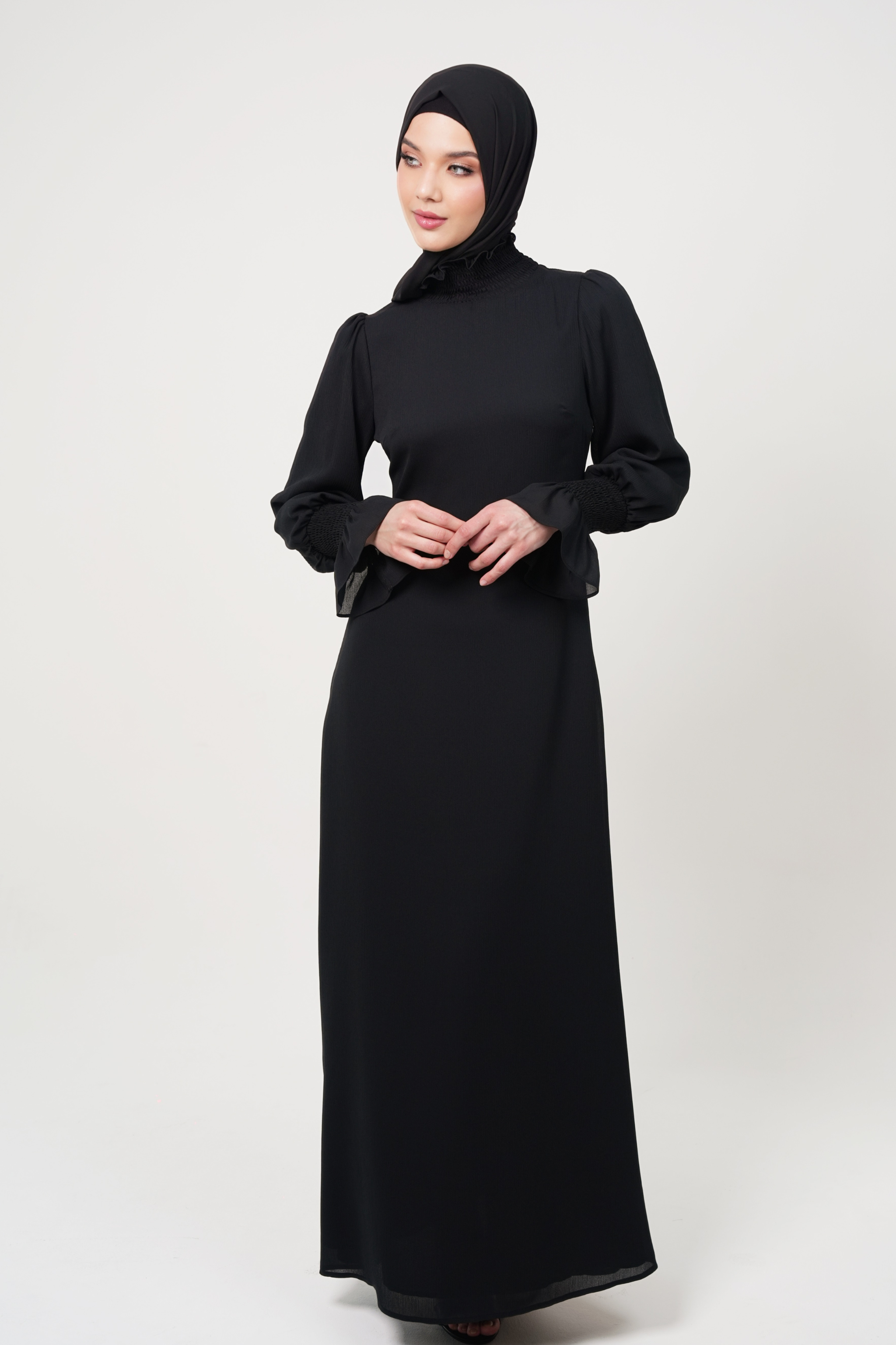 Maxi Dress with Smocked High Neck & Cuff Details - Black