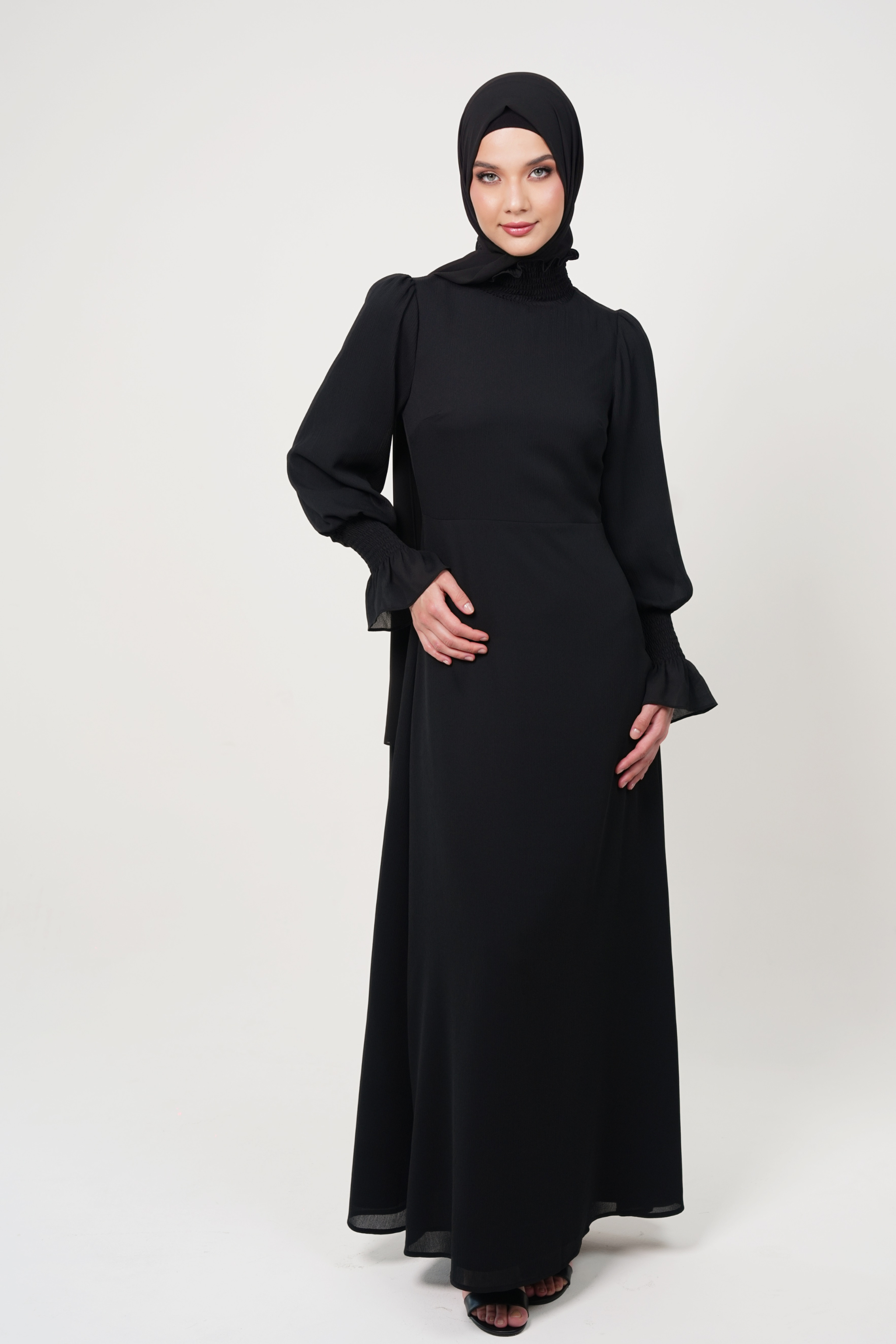 Maxi Dress with Smocked High Neck & Cuff Details - Black