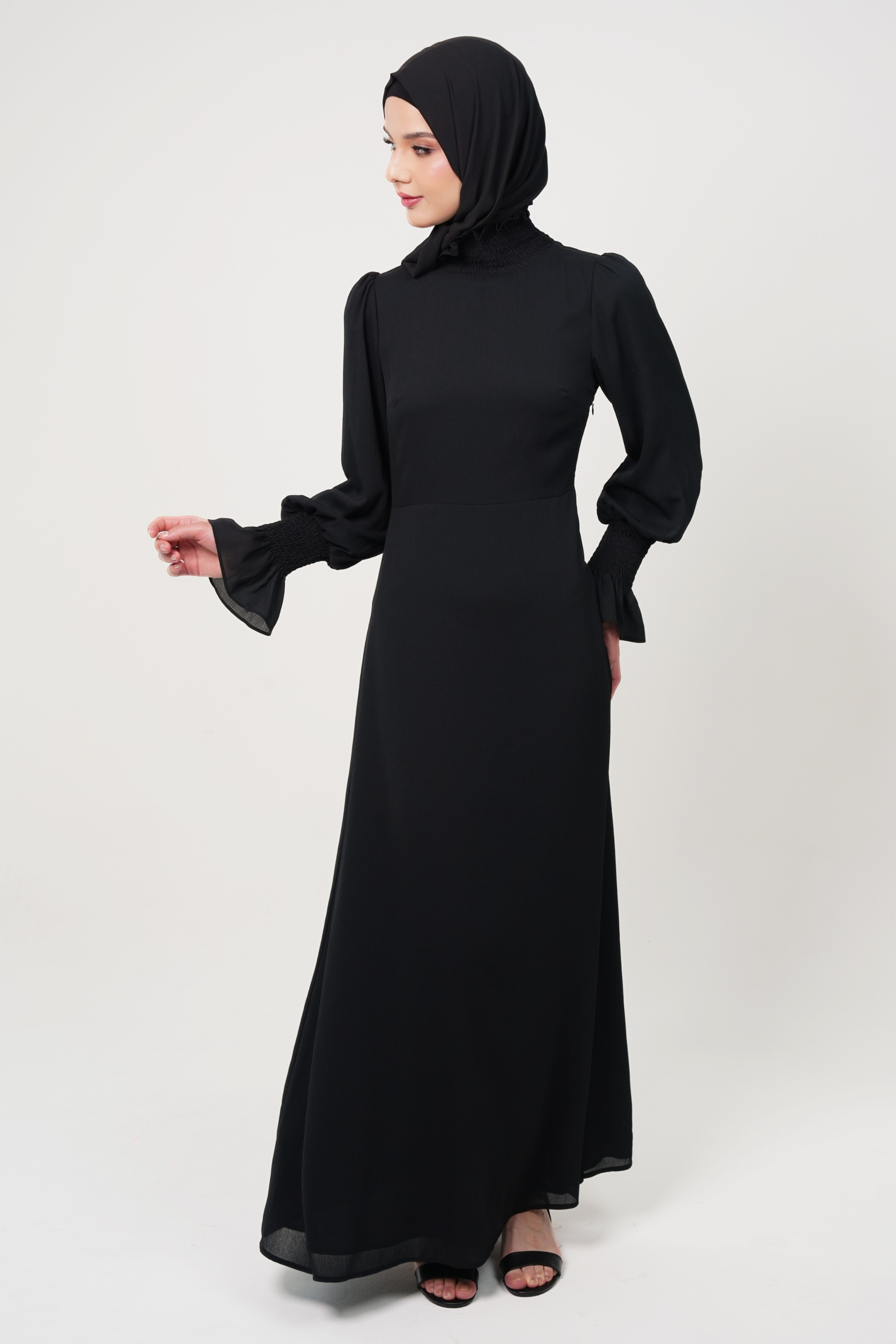 Maxi Dress with Smocked High Neck & Cuff Details - Black
