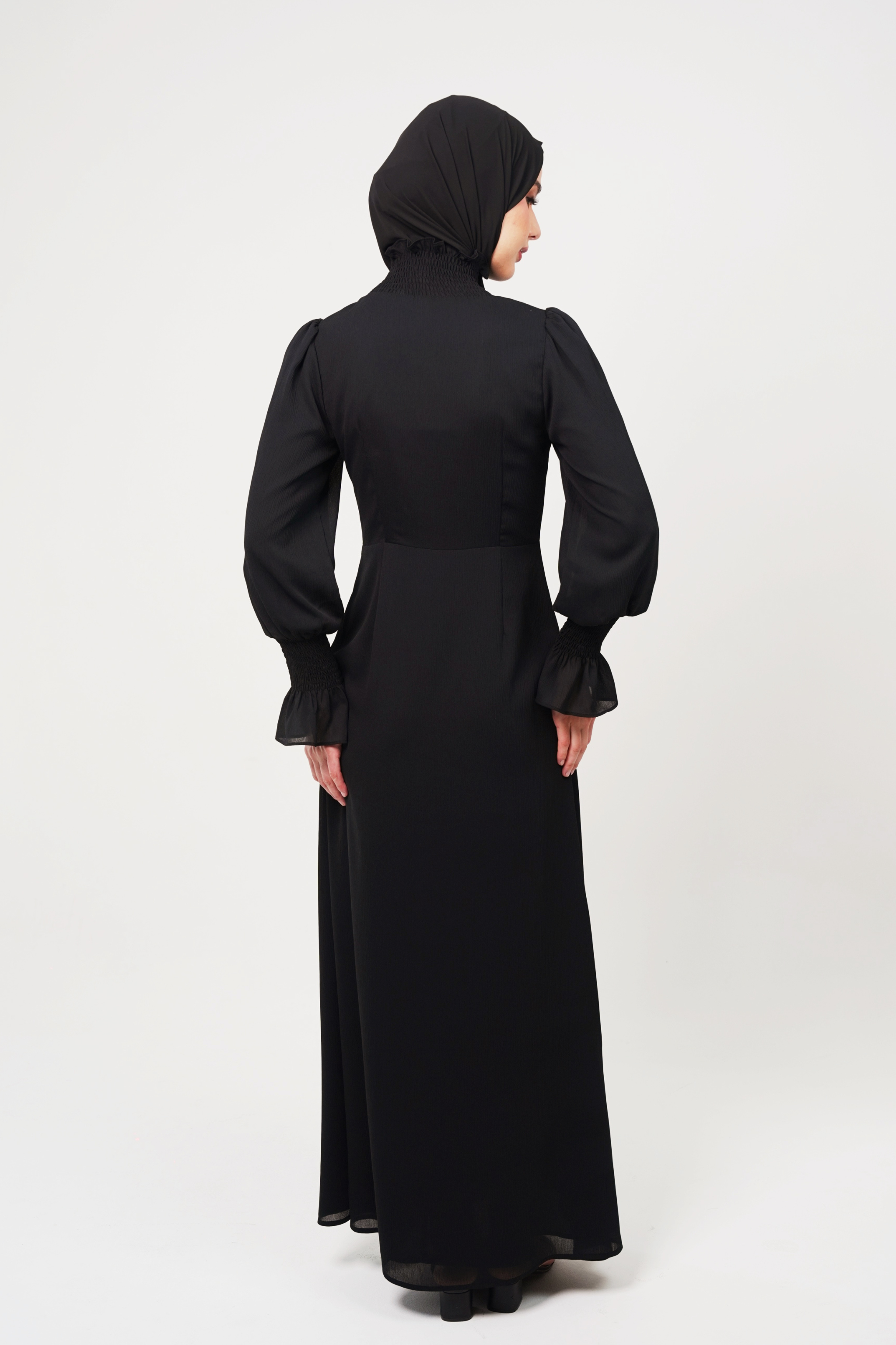 Maxi Dress with Smocked High Neck & Cuff Details - Black