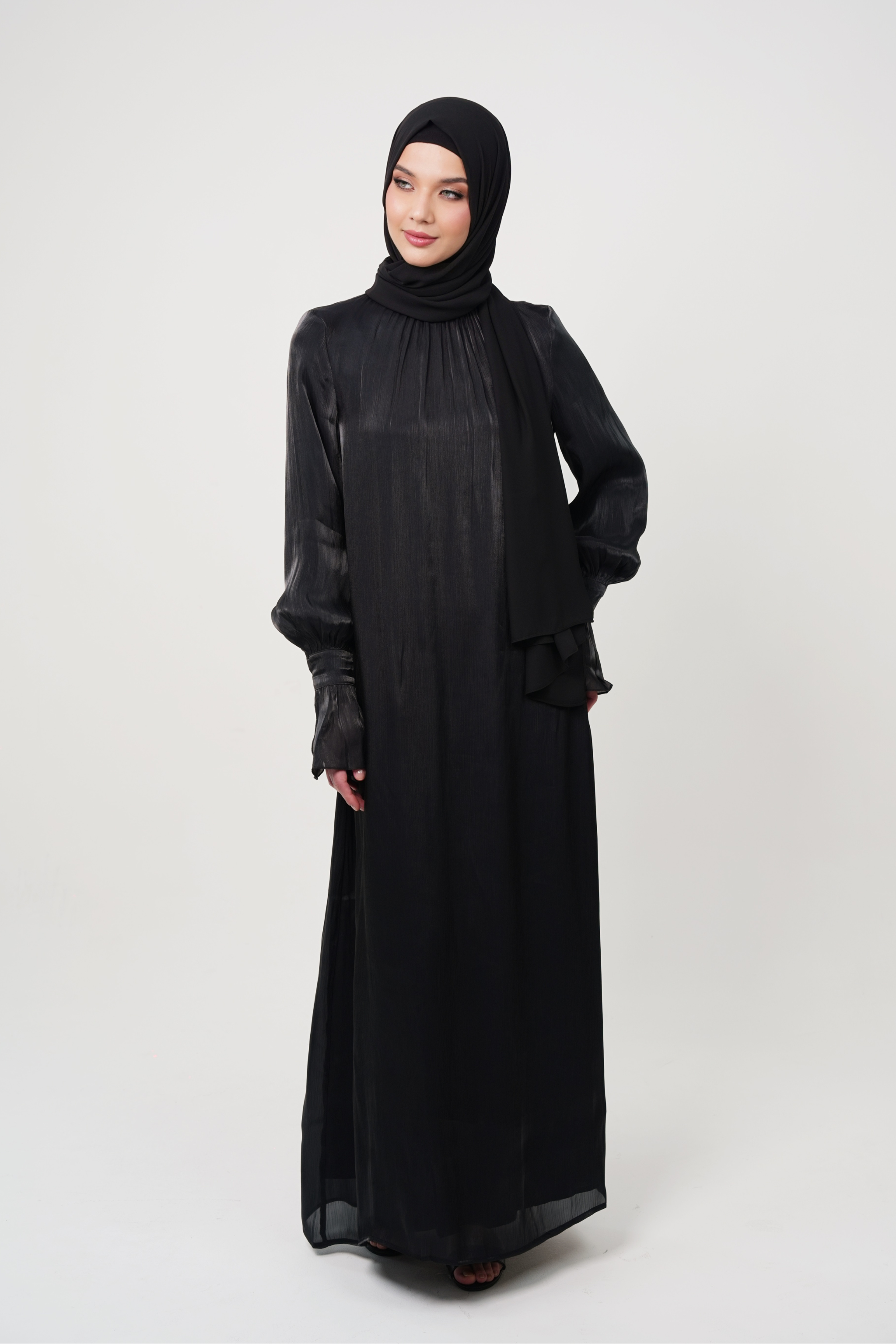 Luxury Organza Maxi Dress with Pleated High Neck & Zircon Cuff Details - Black