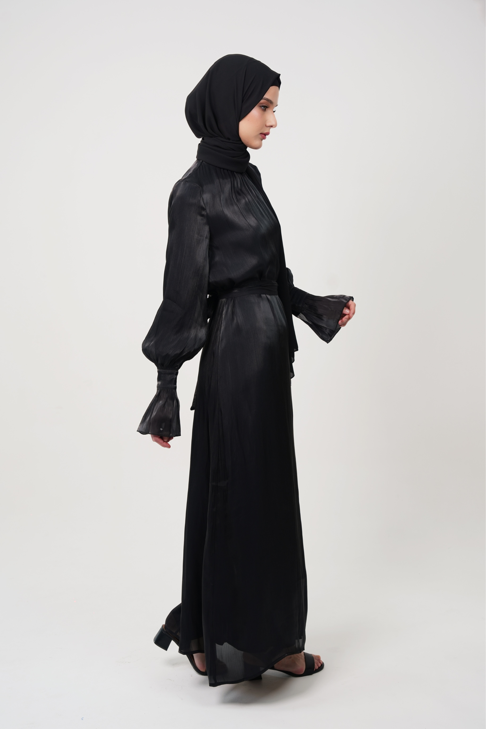 Luxury Organza Maxi Dress with Pleated High Neck & Zircon Cuff Details - Black