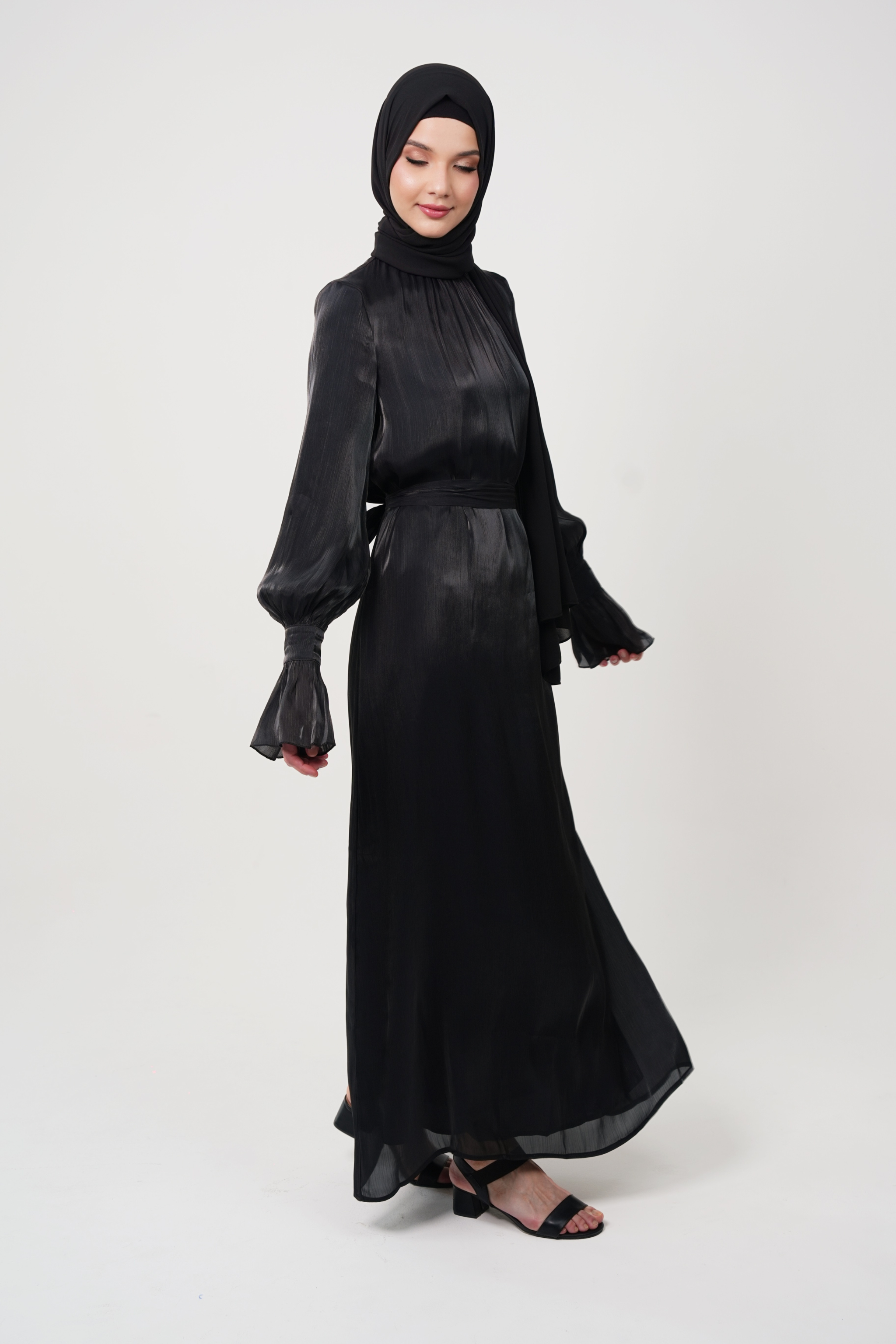 Luxury Organza Maxi Dress with Pleated High Neck & Zircon Cuff Details - Black