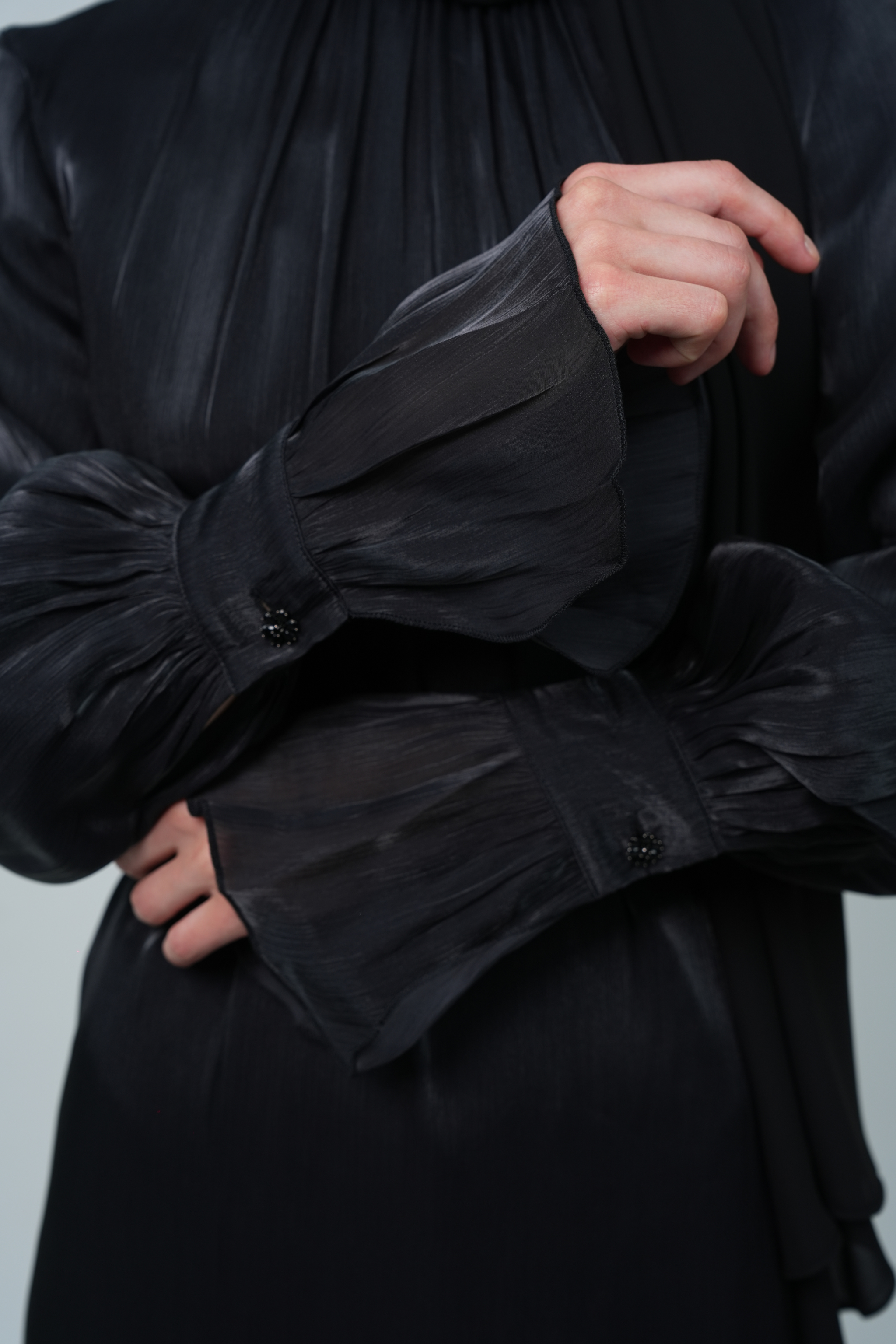 Luxury Organza Maxi Dress with Pleated High Neck & Zircon Cuff Details - Black