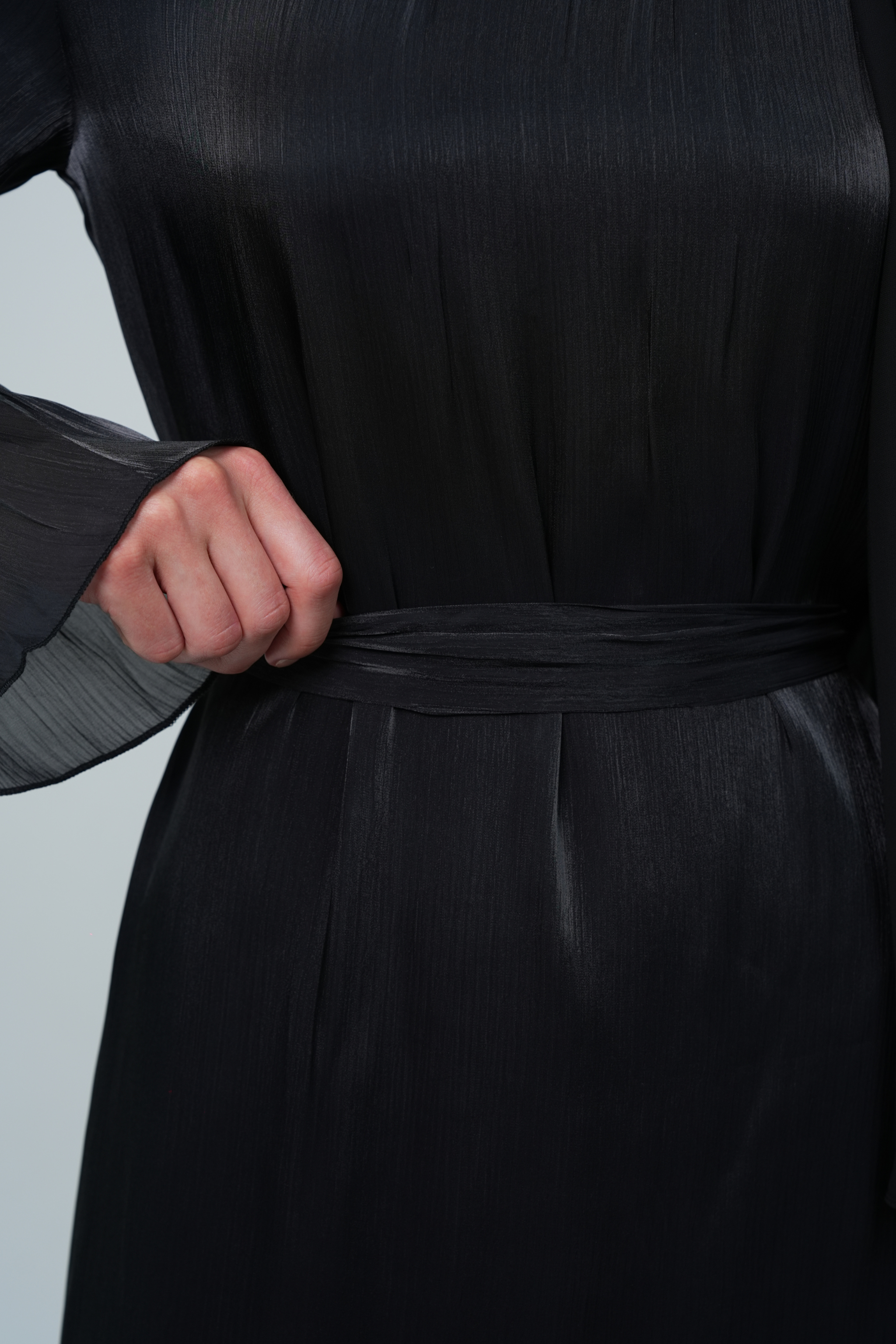 Luxury Organza Maxi Dress with Pleated High Neck & Zircon Cuff Details - Black