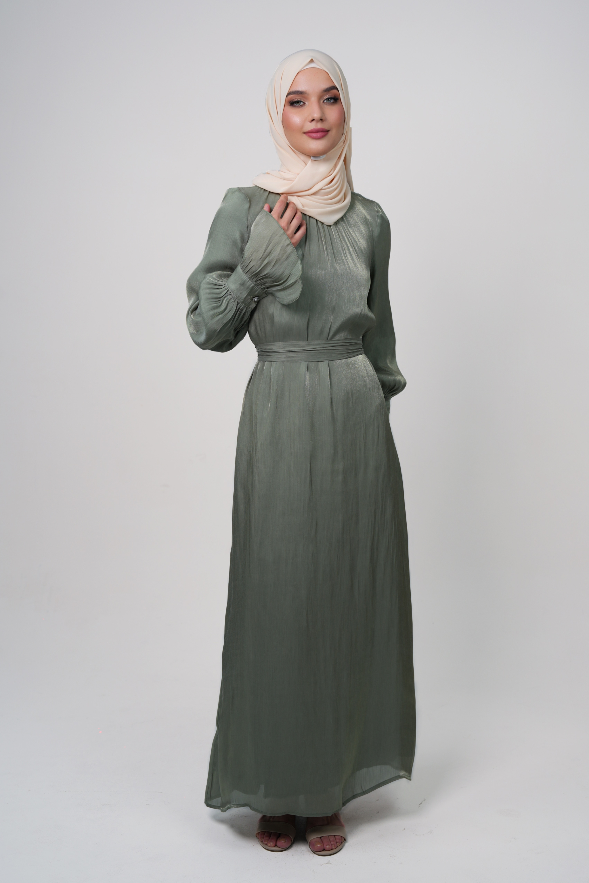 Luxury Organza Maxi Dress with Pleated High Neck & Zircon Cuff Details - Muted Green