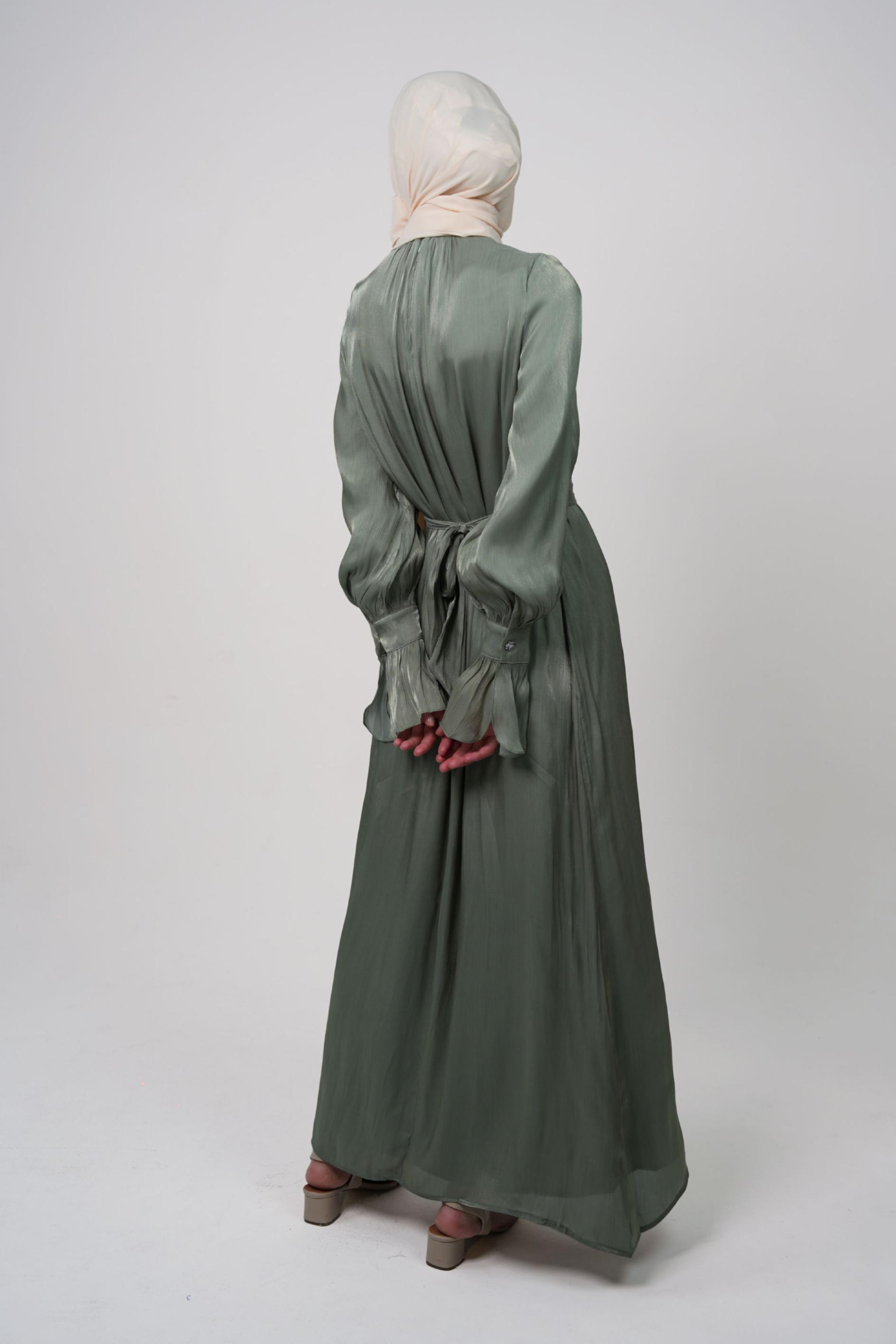 Luxury Organza Maxi Dress with Pleated High Neck & Zircon Cuff Details - Muted Green