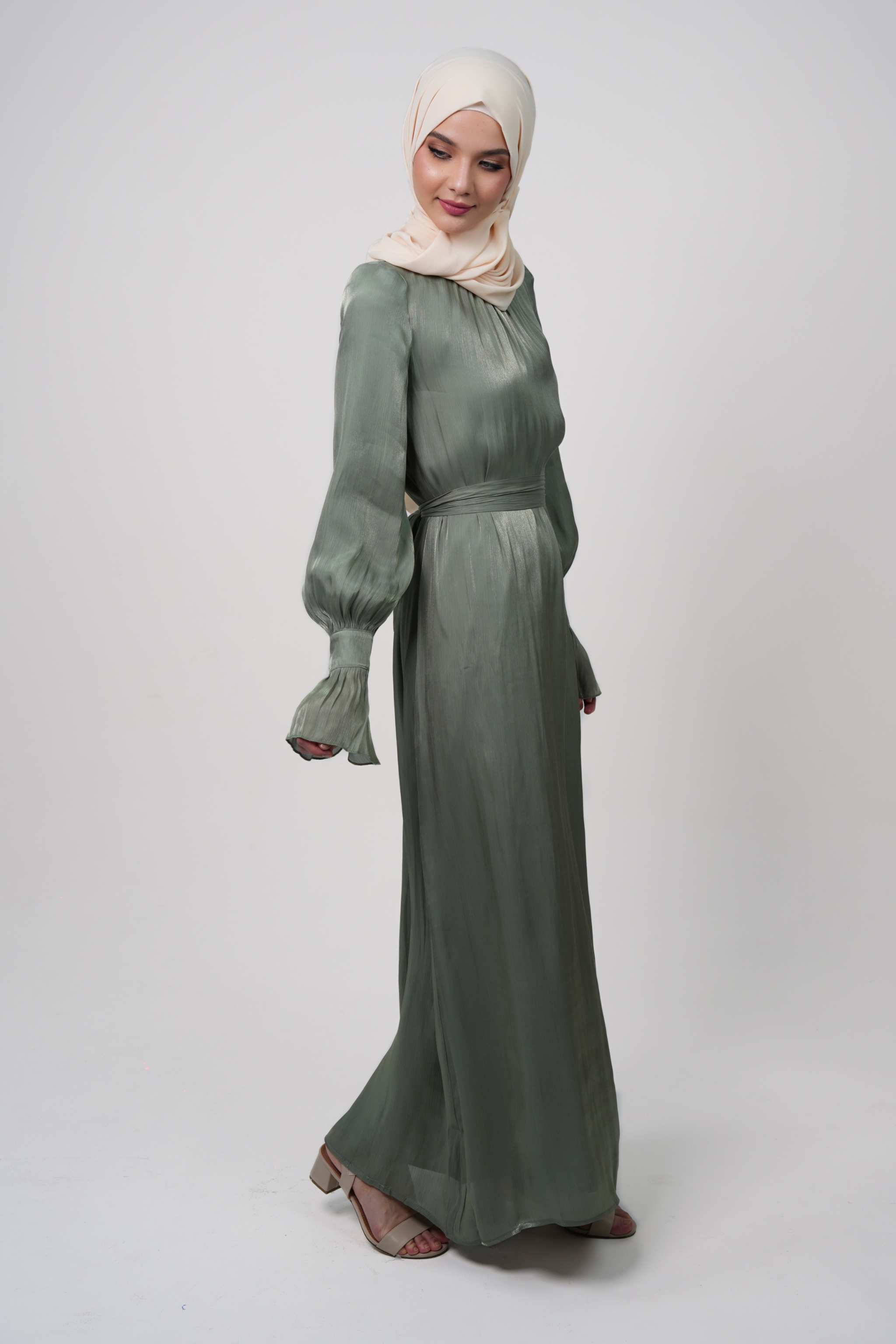 Luxury Organza Maxi Dress with Pleated High Neck & Zircon Cuff Details - Muted Green