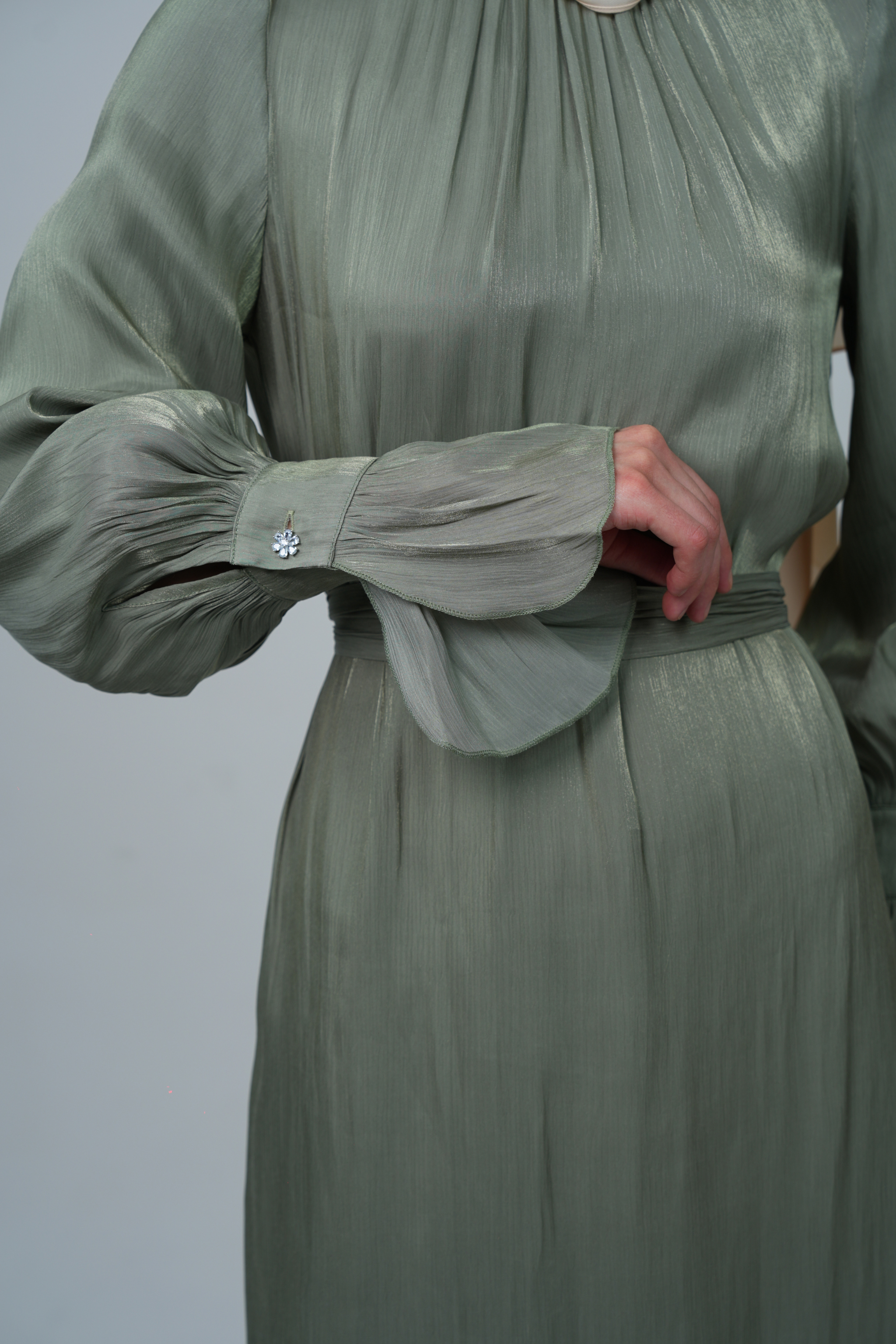 Luxury Organza Maxi Dress with Pleated High Neck & Zircon Cuff Details - Muted Green