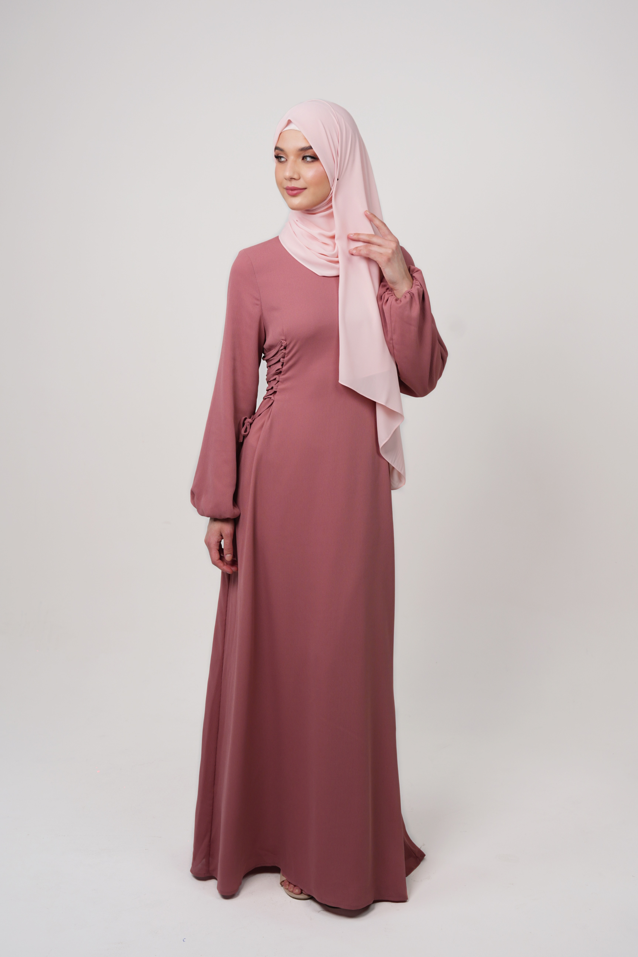 Textured Chiffon Maxi Dress with Side Waist Tie Detail - Dusty Rose