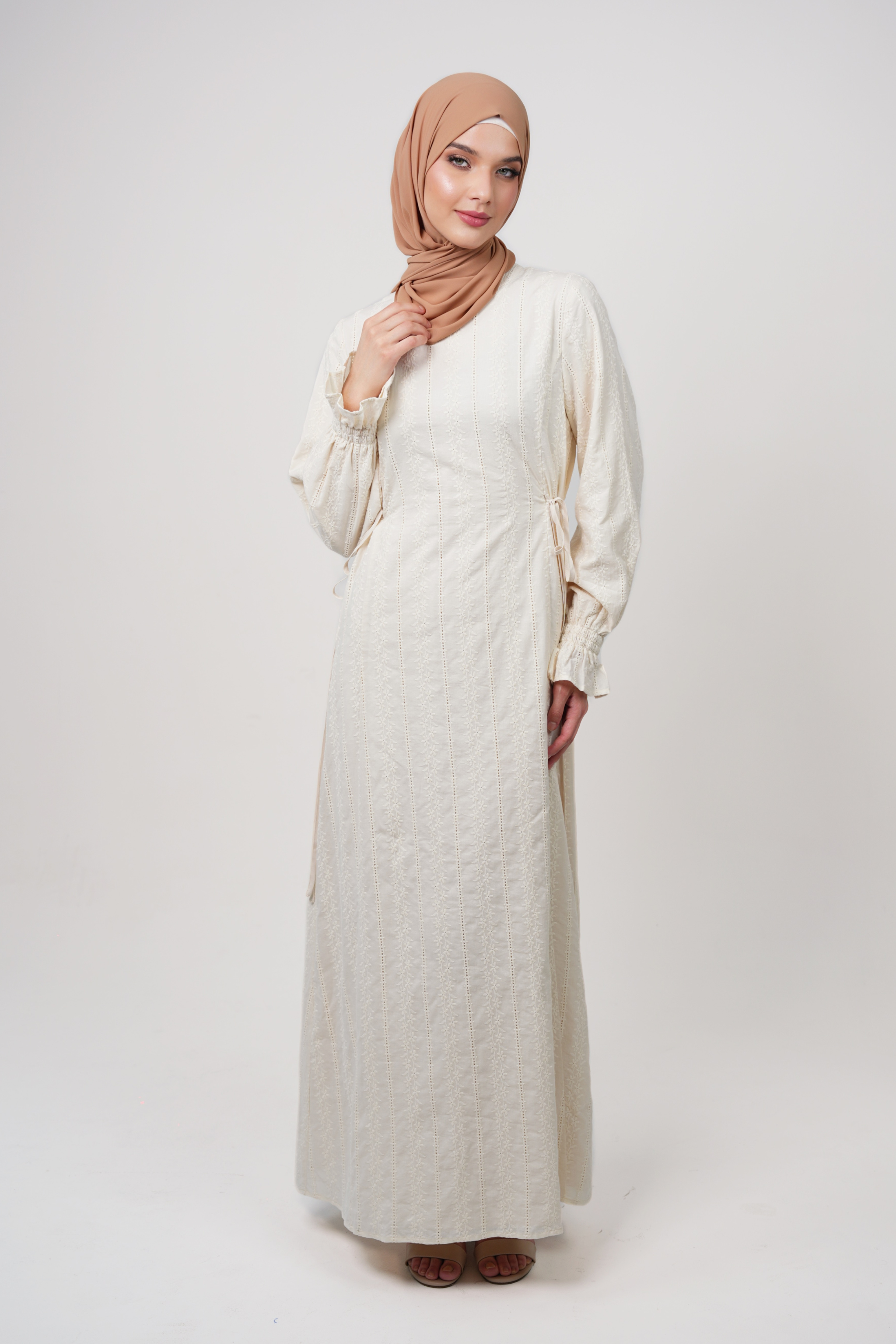 Embroidered 100% Cotton Maxi Dress with Adjustable Waist Tie