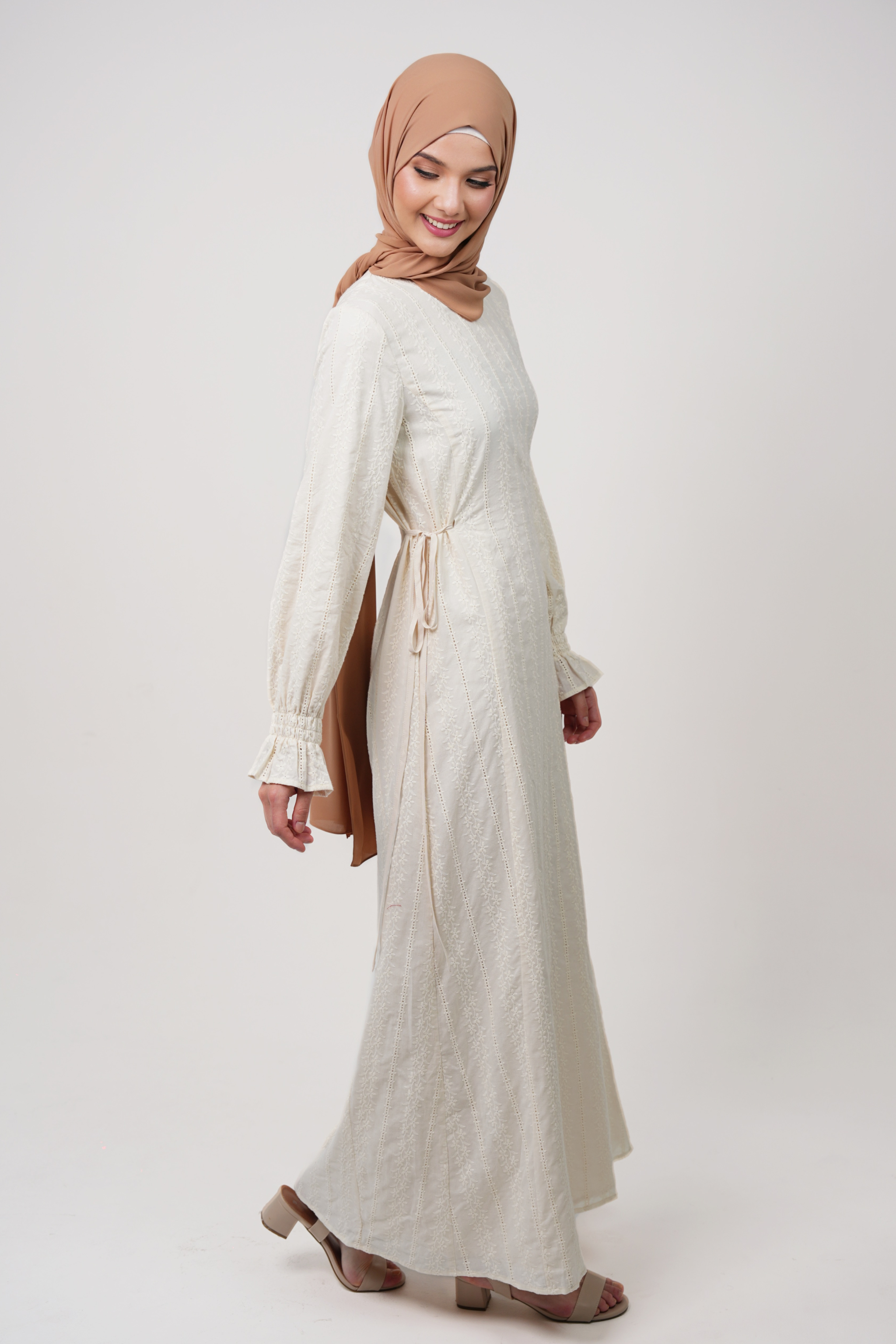 Embroidered 100% Cotton Maxi Dress with Adjustable Waist Tie