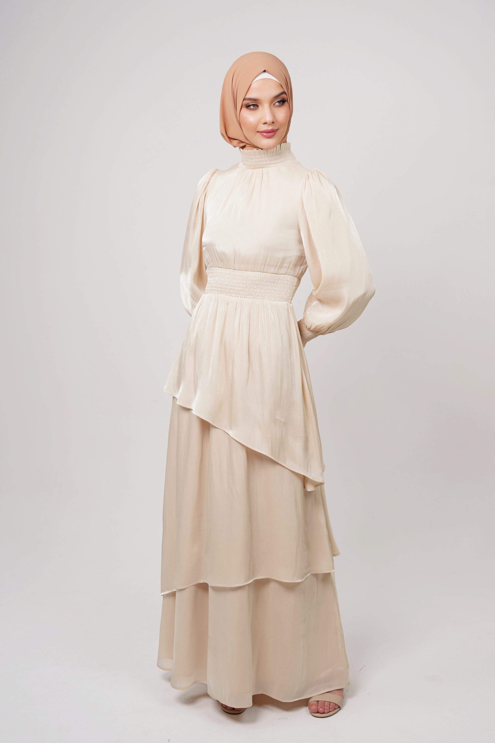 Luxury Organza Layered Maxi Dress – Beige