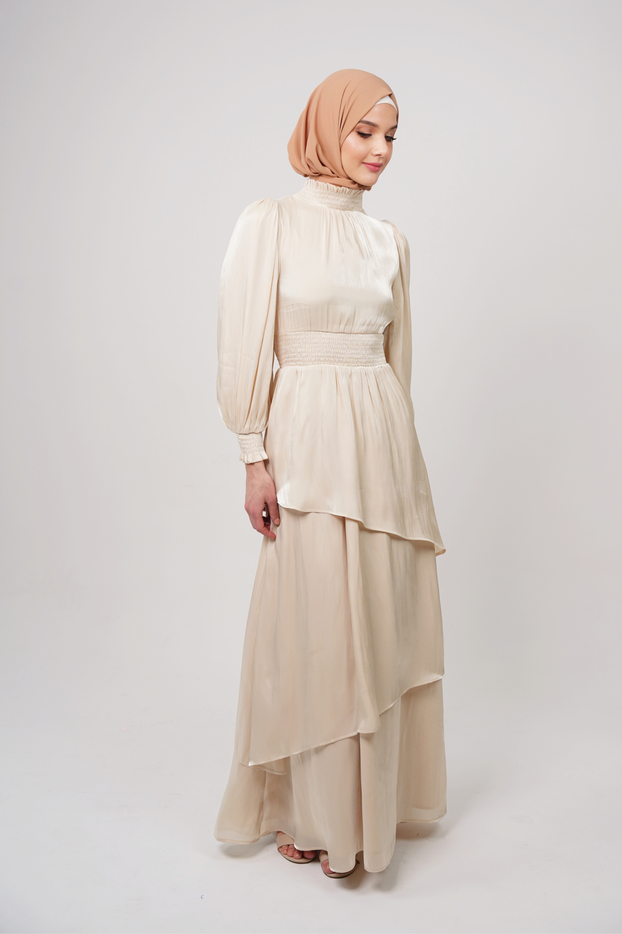 Luxury Organza Layered Maxi Dress – Beige