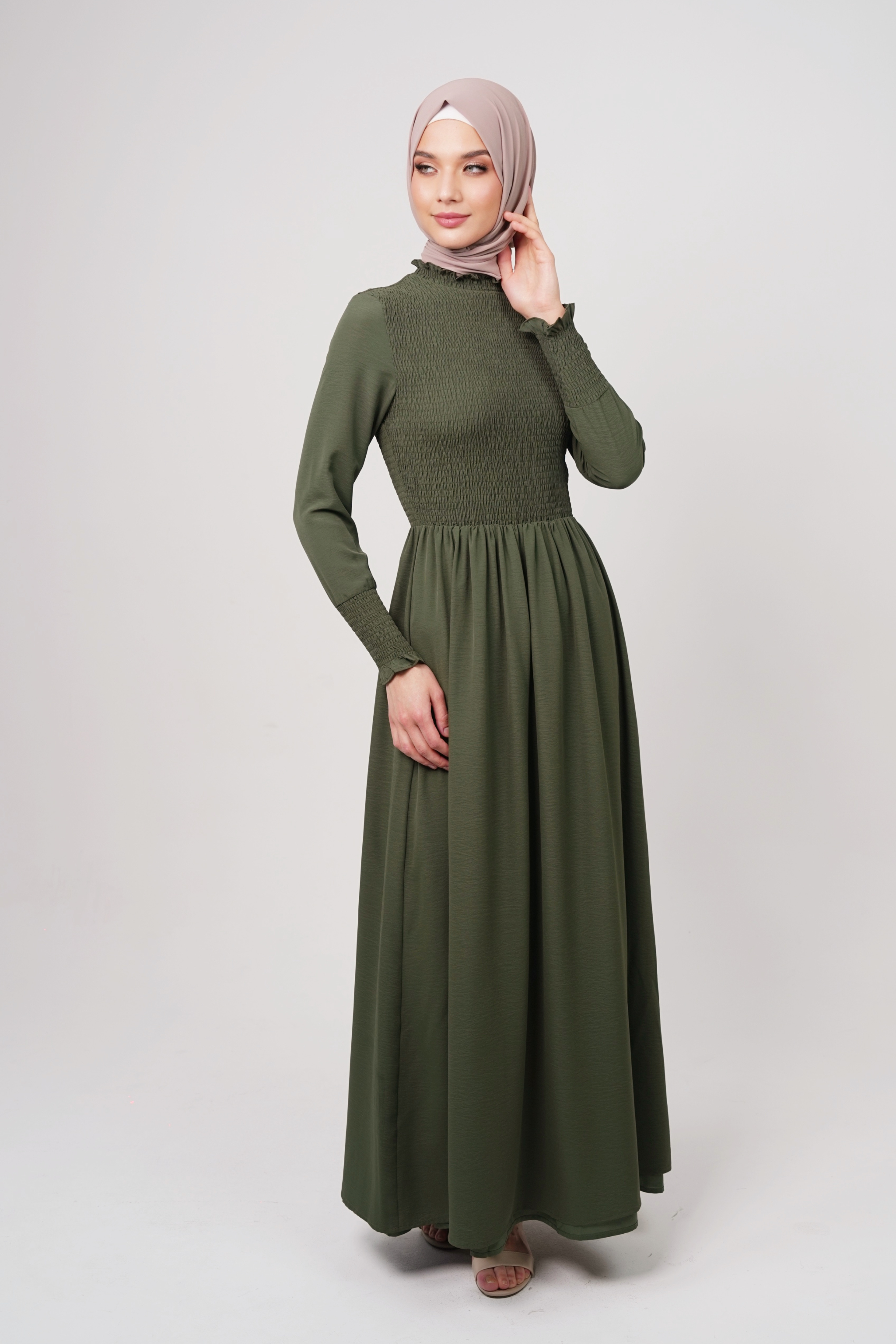 Maxi Cold Crepe Dress with Smocked Bodice & Elegant Flow - Deep Forest Green