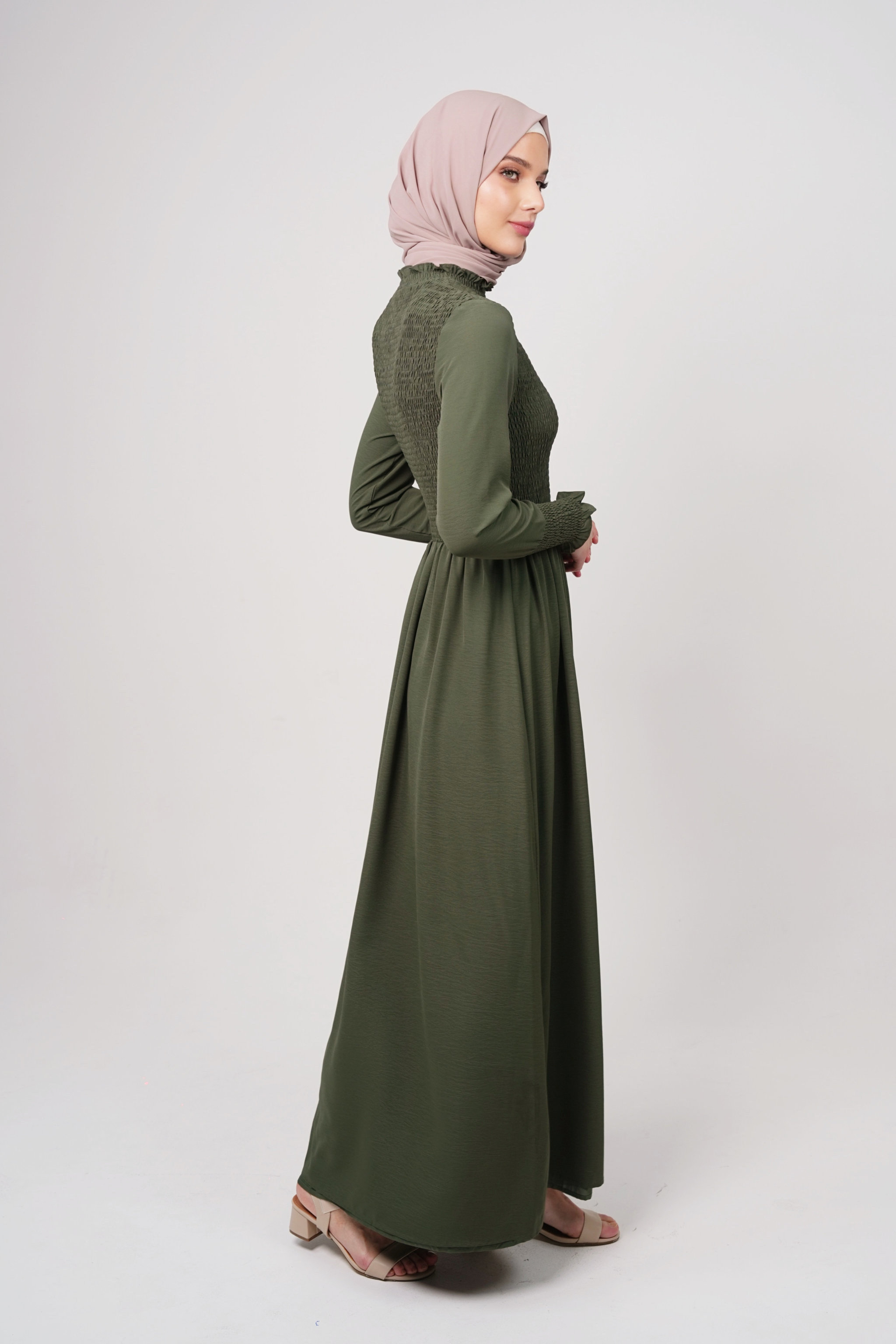 Maxi Cold Crepe Dress with Smocked Bodice & Elegant Flow - Deep Forest Green