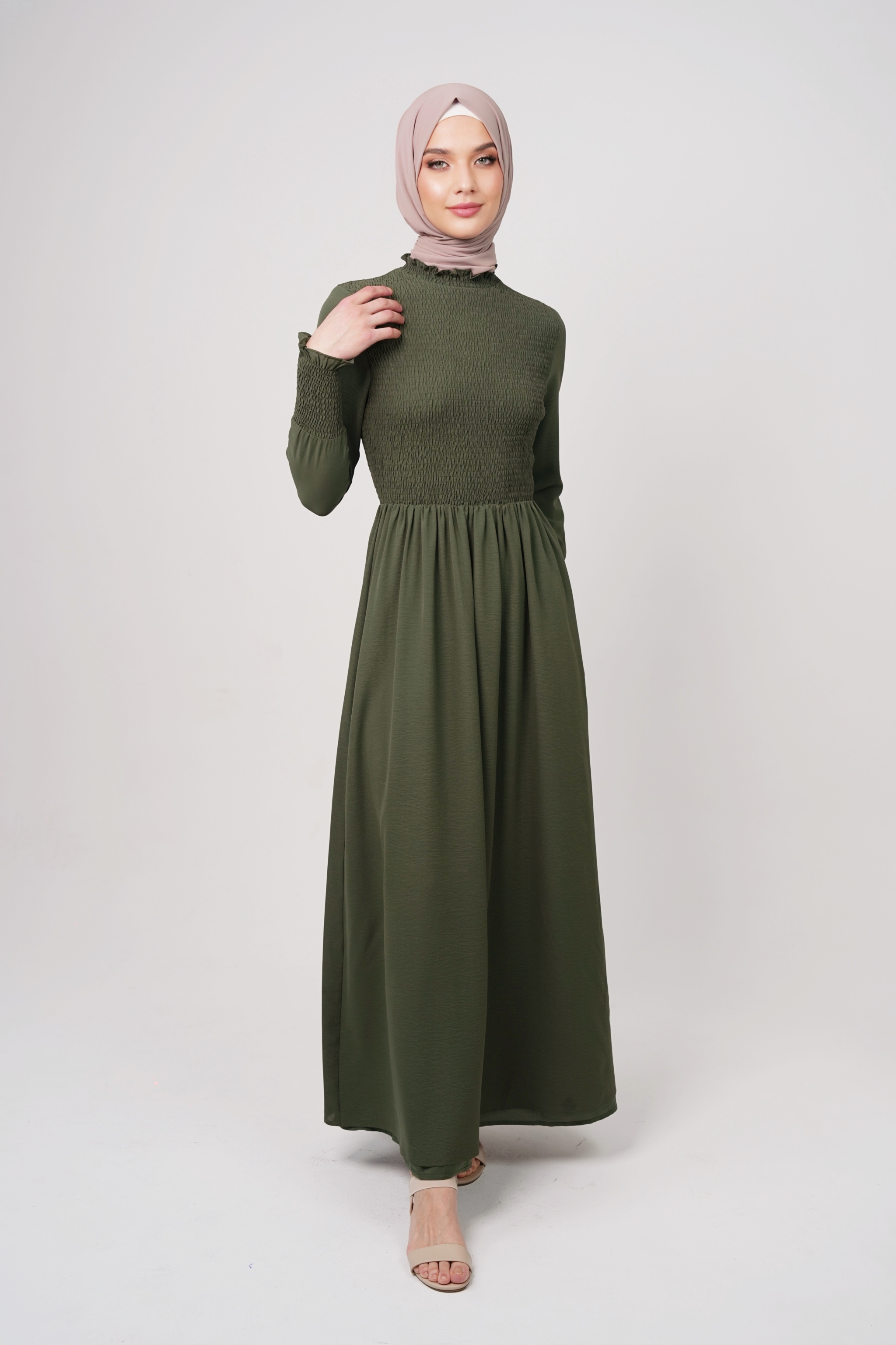 Maxi Cold Crepe Dress with Smocked Bodice & Elegant Flow - Deep Forest Green