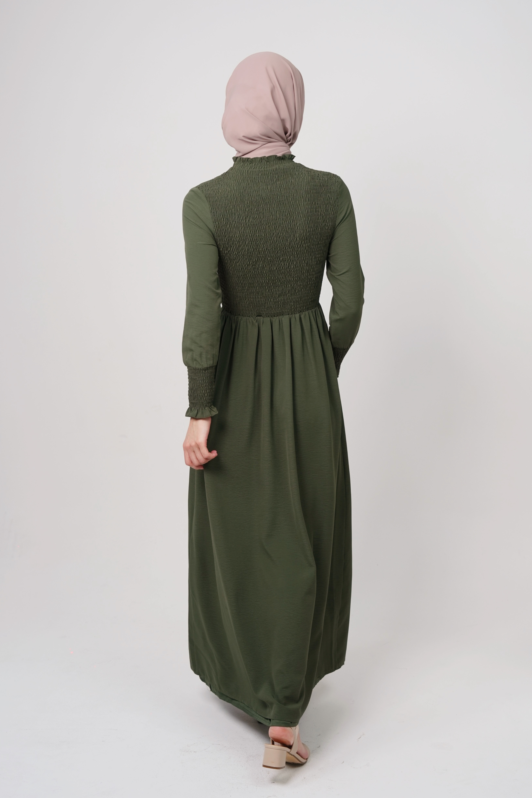 Maxi Cold Crepe Dress with Smocked Bodice & Elegant Flow - Deep Forest Green