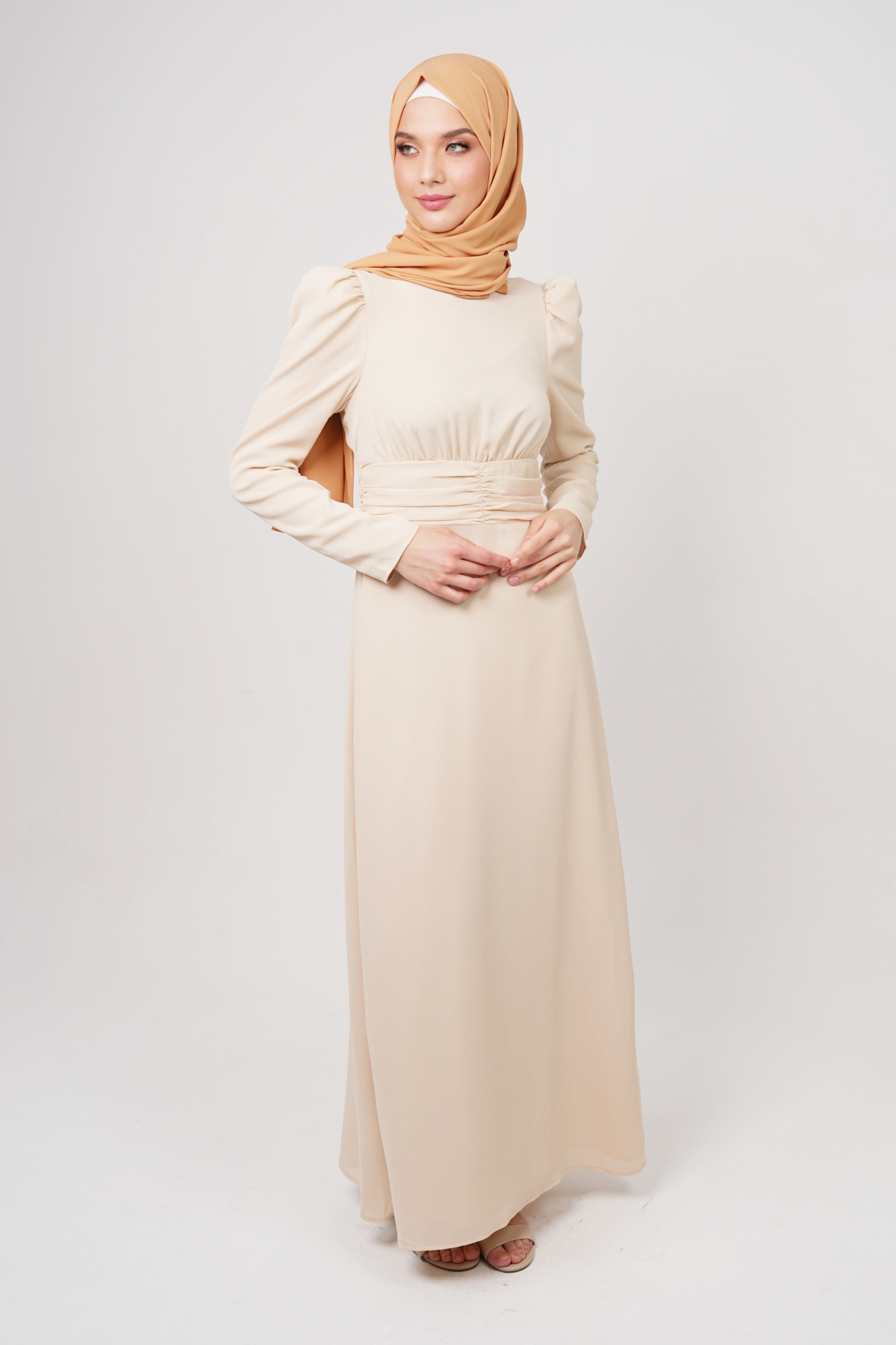 Maxi Dress with Ruched Waist and Puff Shoulders - Beige