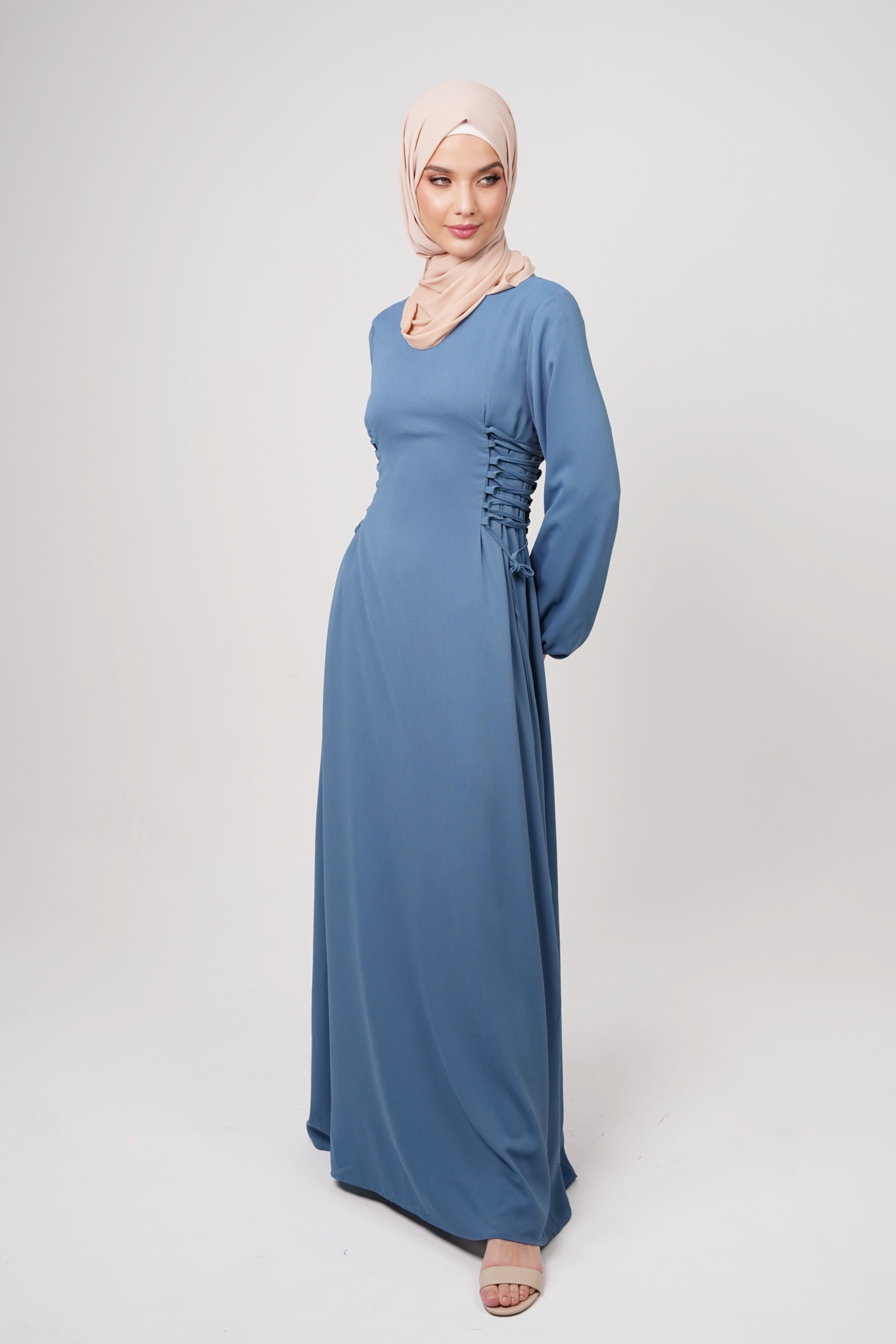 Textured Chiffon Maxi Dress with Side Waist Tie Detail - Midnight Blue