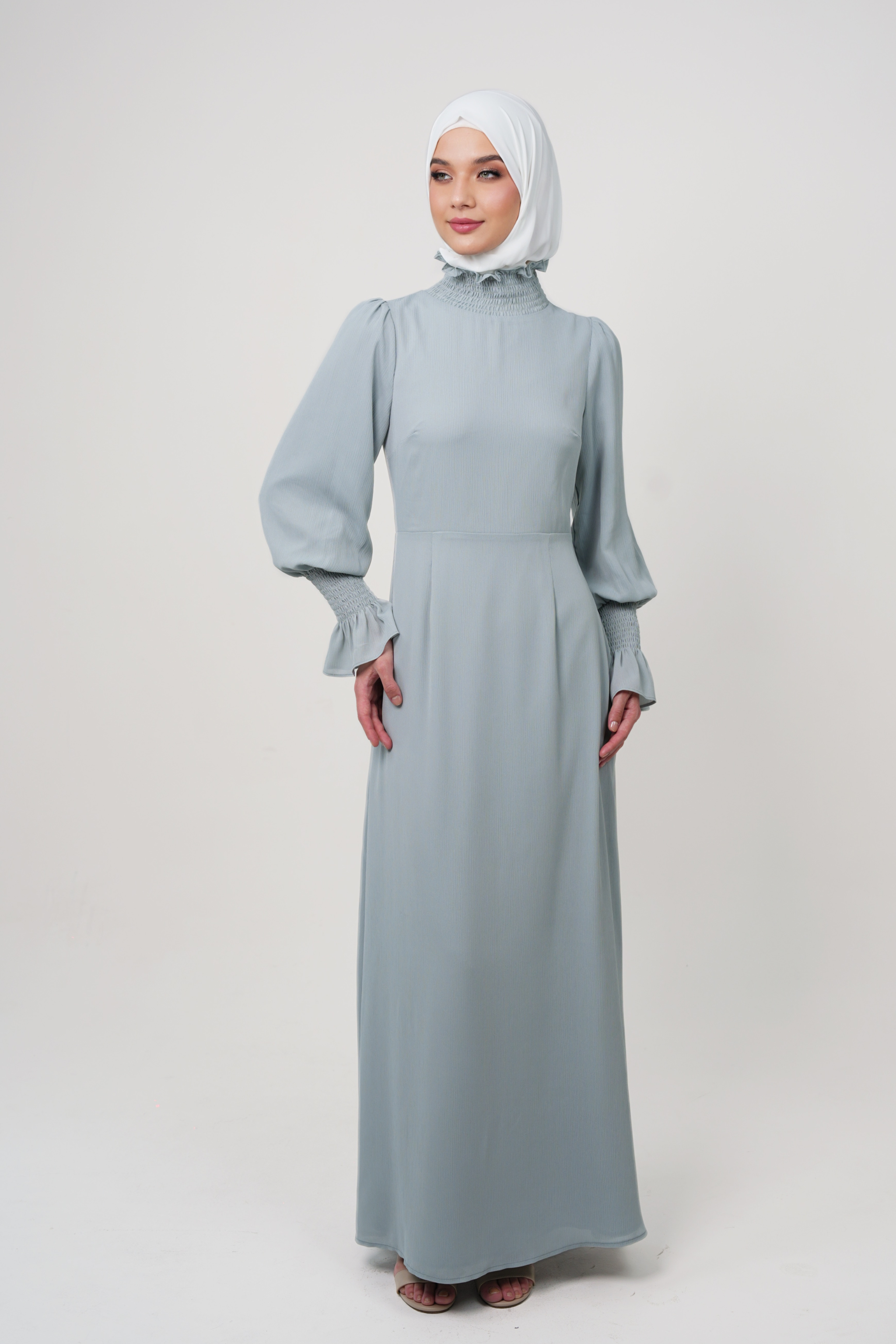 Maxi Dress with Smocked High Neck & Cuff Details - Slate Blue