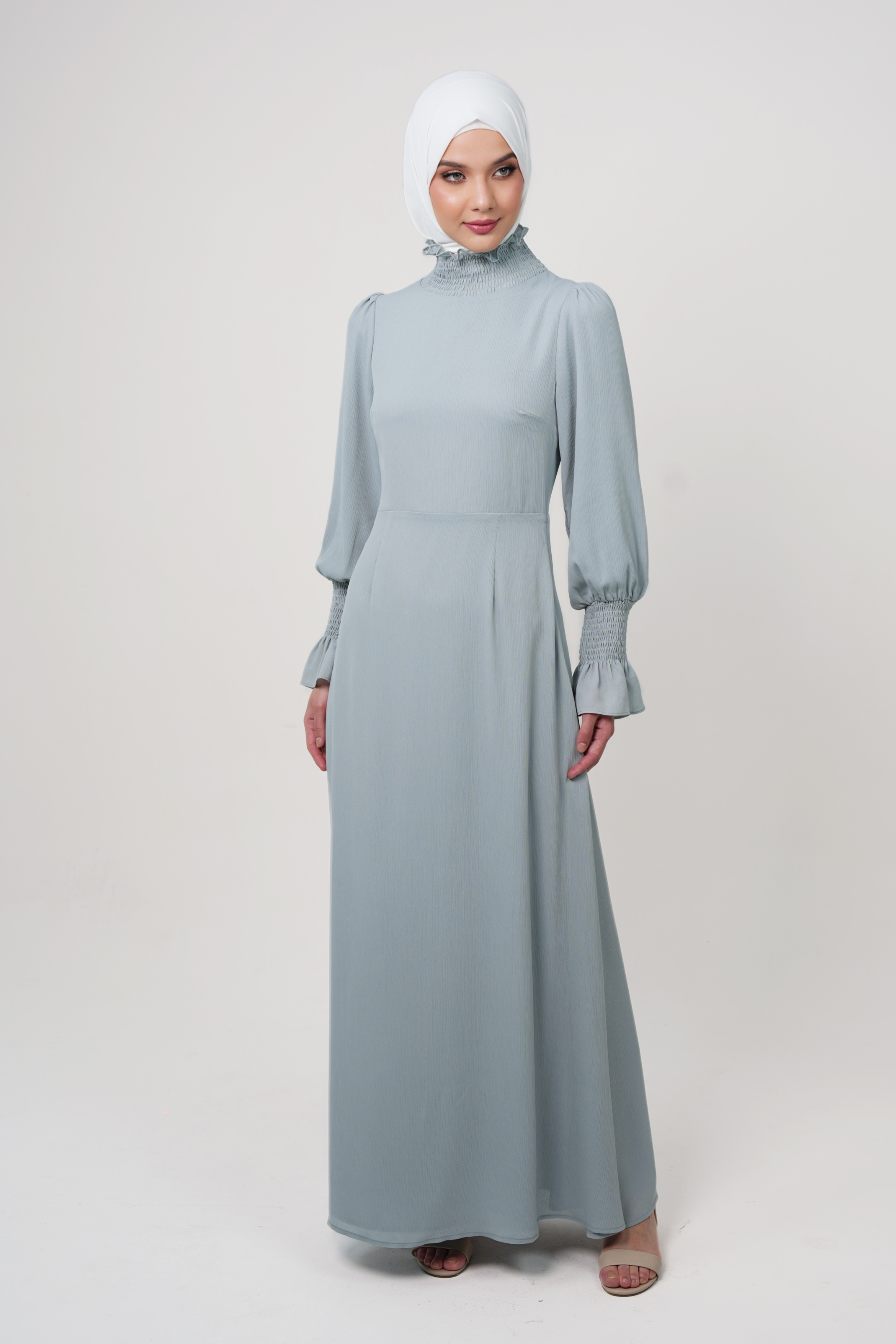 Maxi Dress with Smocked High Neck & Cuff Details - Slate Blue