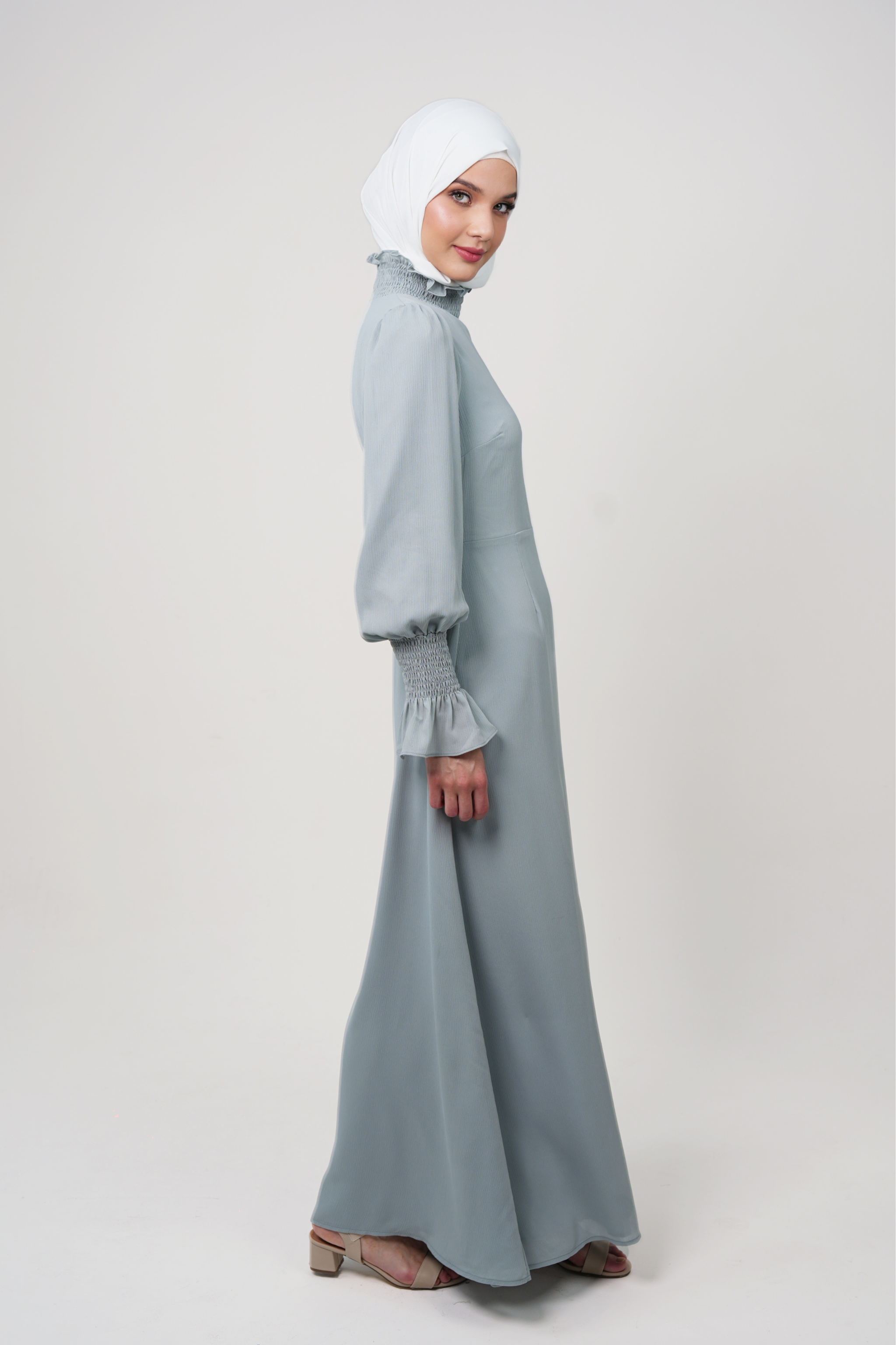 Maxi Dress with Smocked High Neck & Cuff Details - Slate Blue