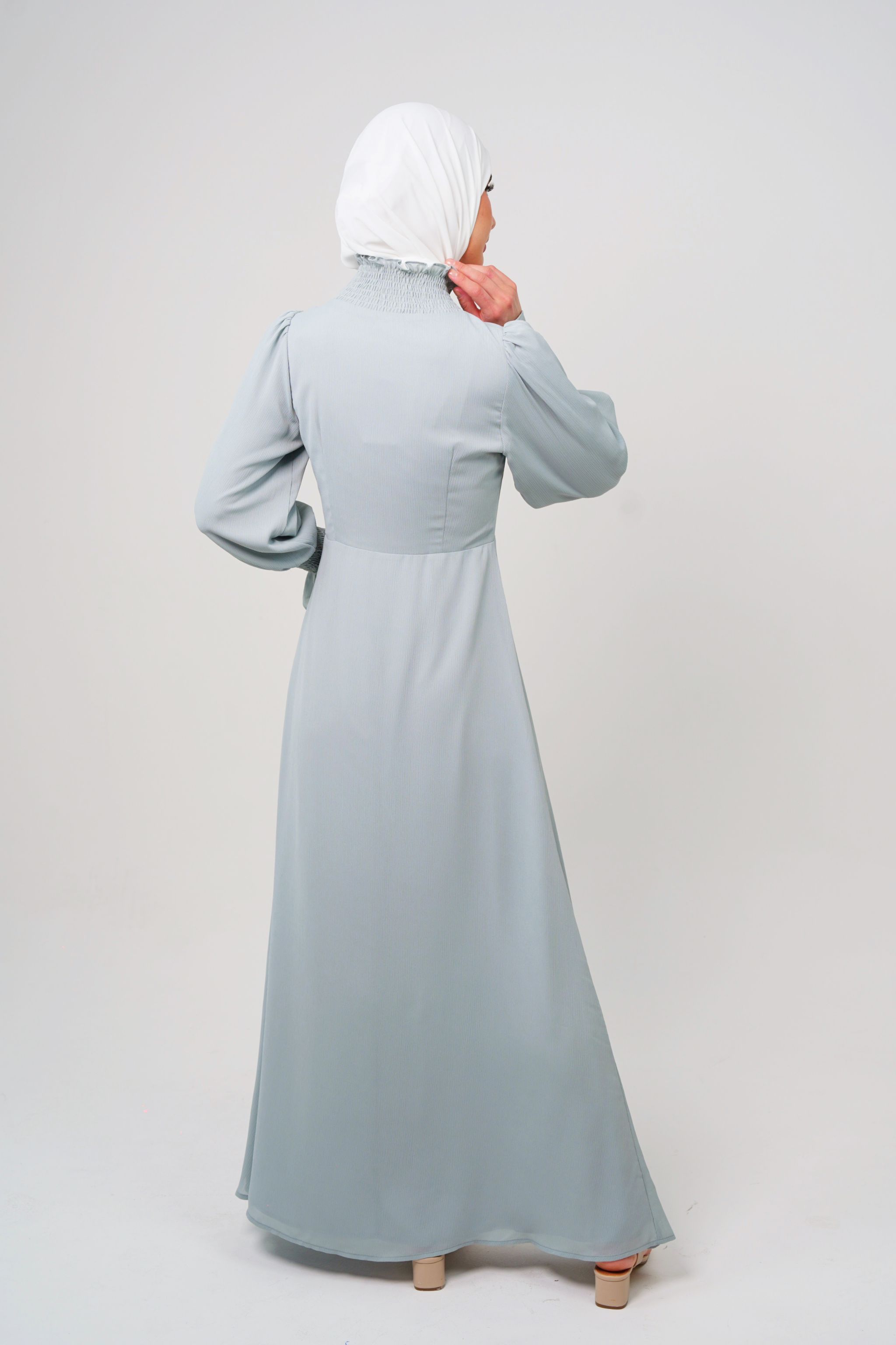 Maxi Dress with Smocked High Neck & Cuff Details - Slate Blue