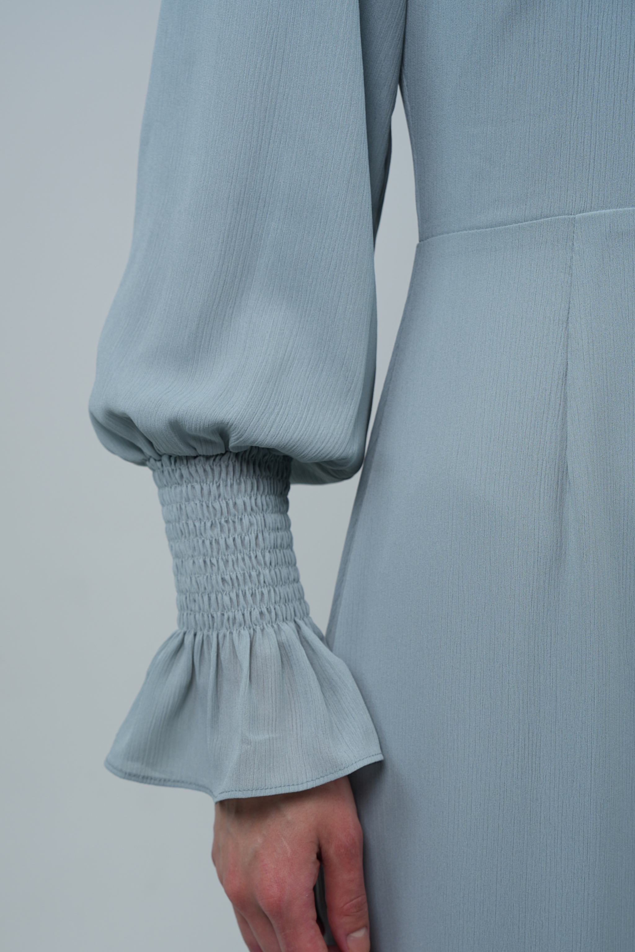 Maxi Dress with Smocked High Neck & Cuff Details - Slate Blue