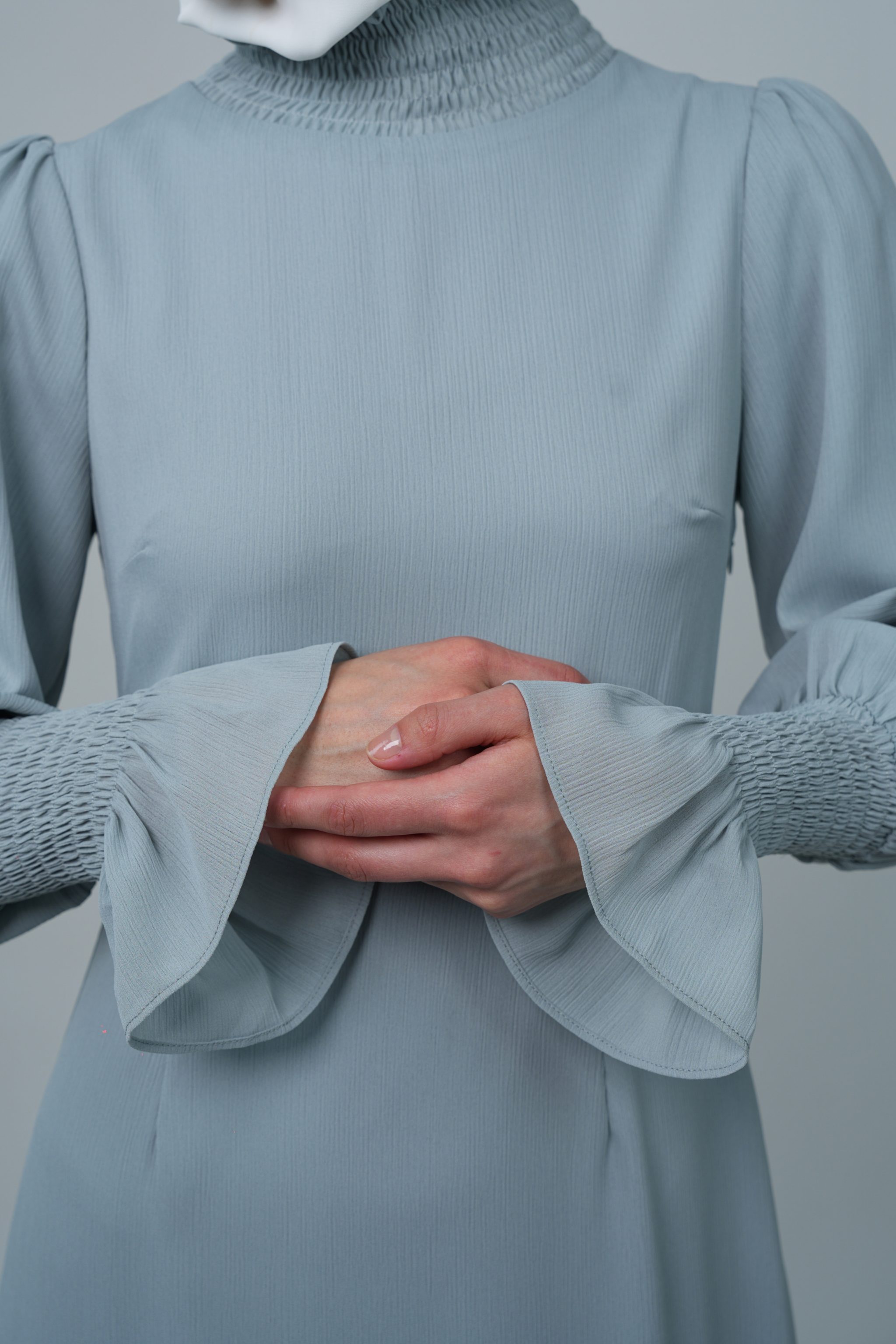 Maxi Dress with Smocked High Neck & Cuff Details - Slate Blue