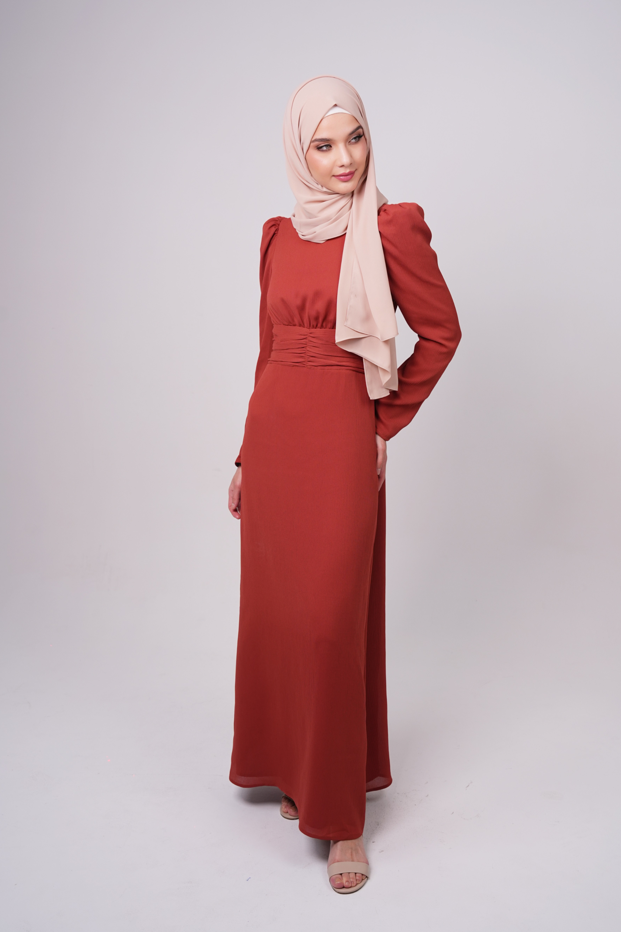 Maxi Dress with Ruched Waist and Puff Shoulders - Spiced Orange