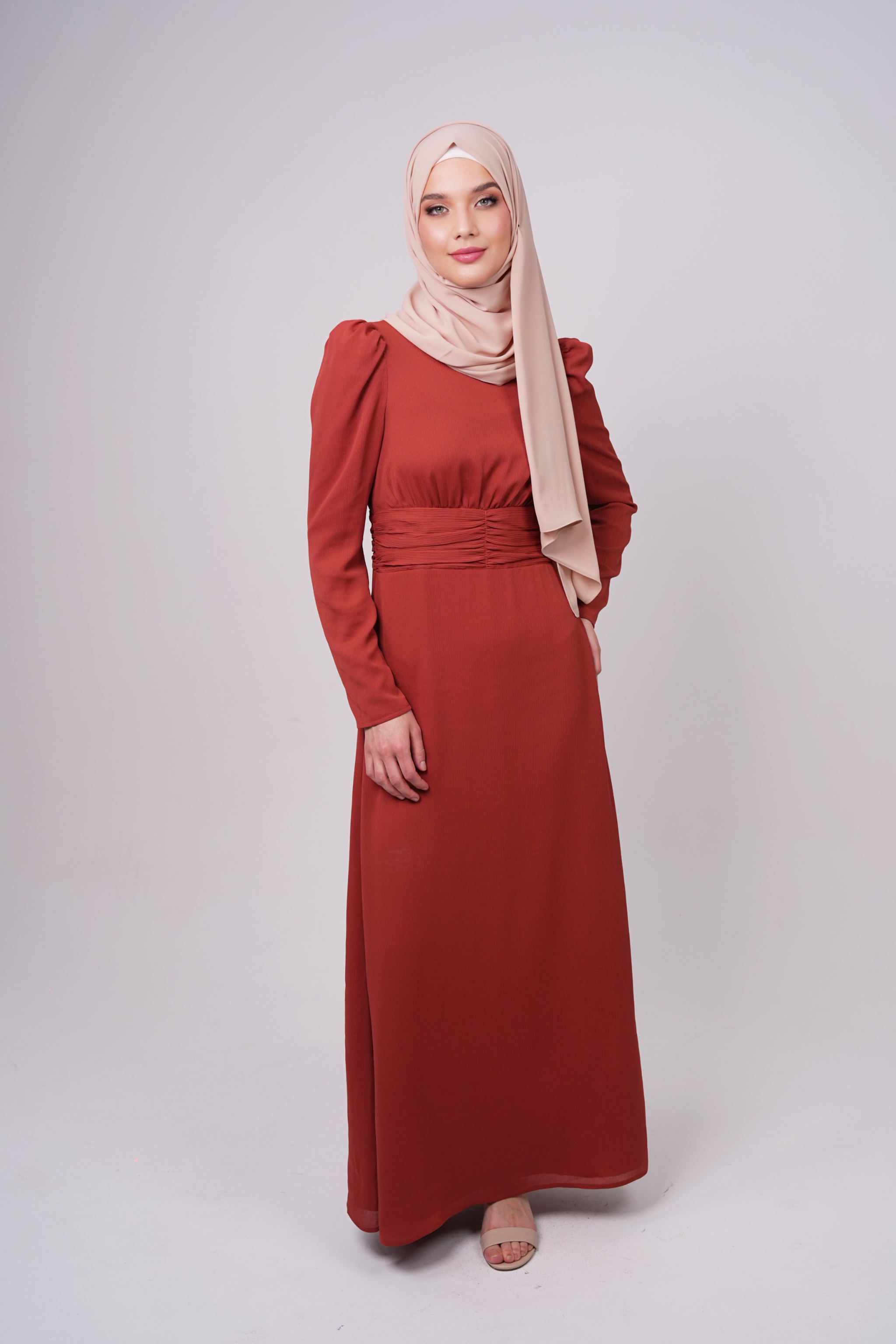 Maxi Dress with Ruched Waist and Puff Shoulders - Spiced Orange