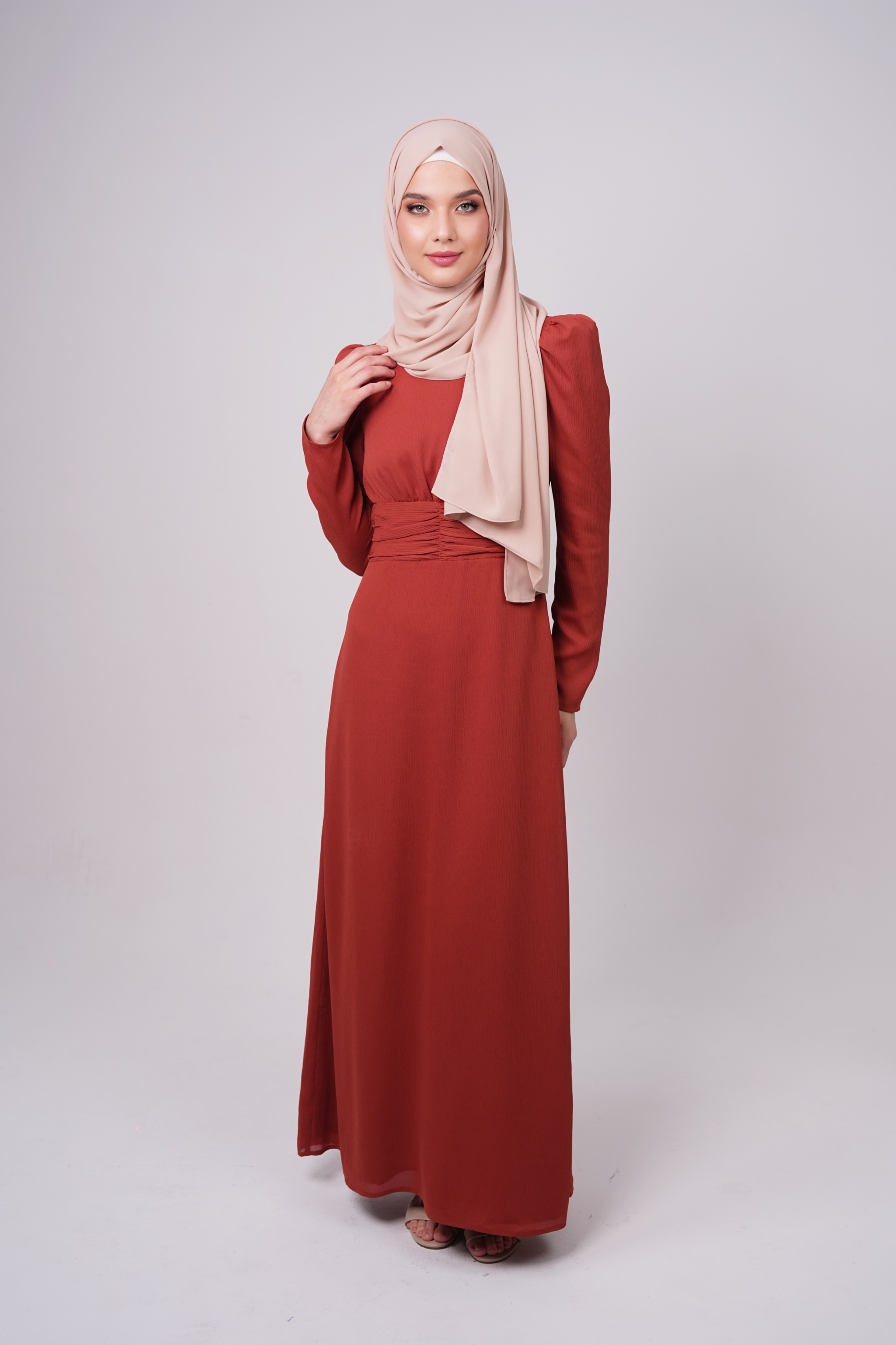Maxi Dress with Ruched Waist and Puff Shoulders - Spiced Orange