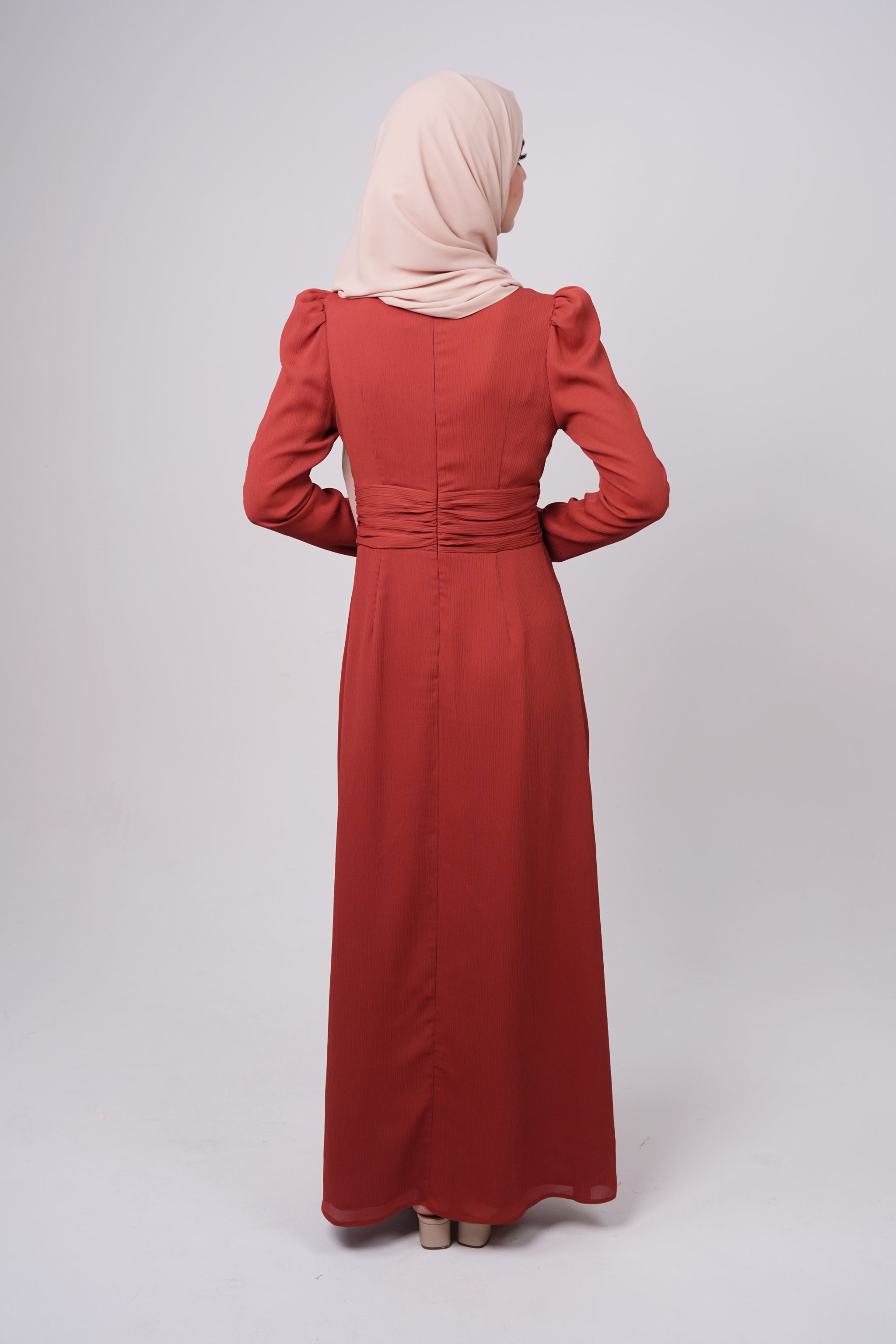 Maxi Dress with Ruched Waist and Puff Shoulders - Spiced Orange