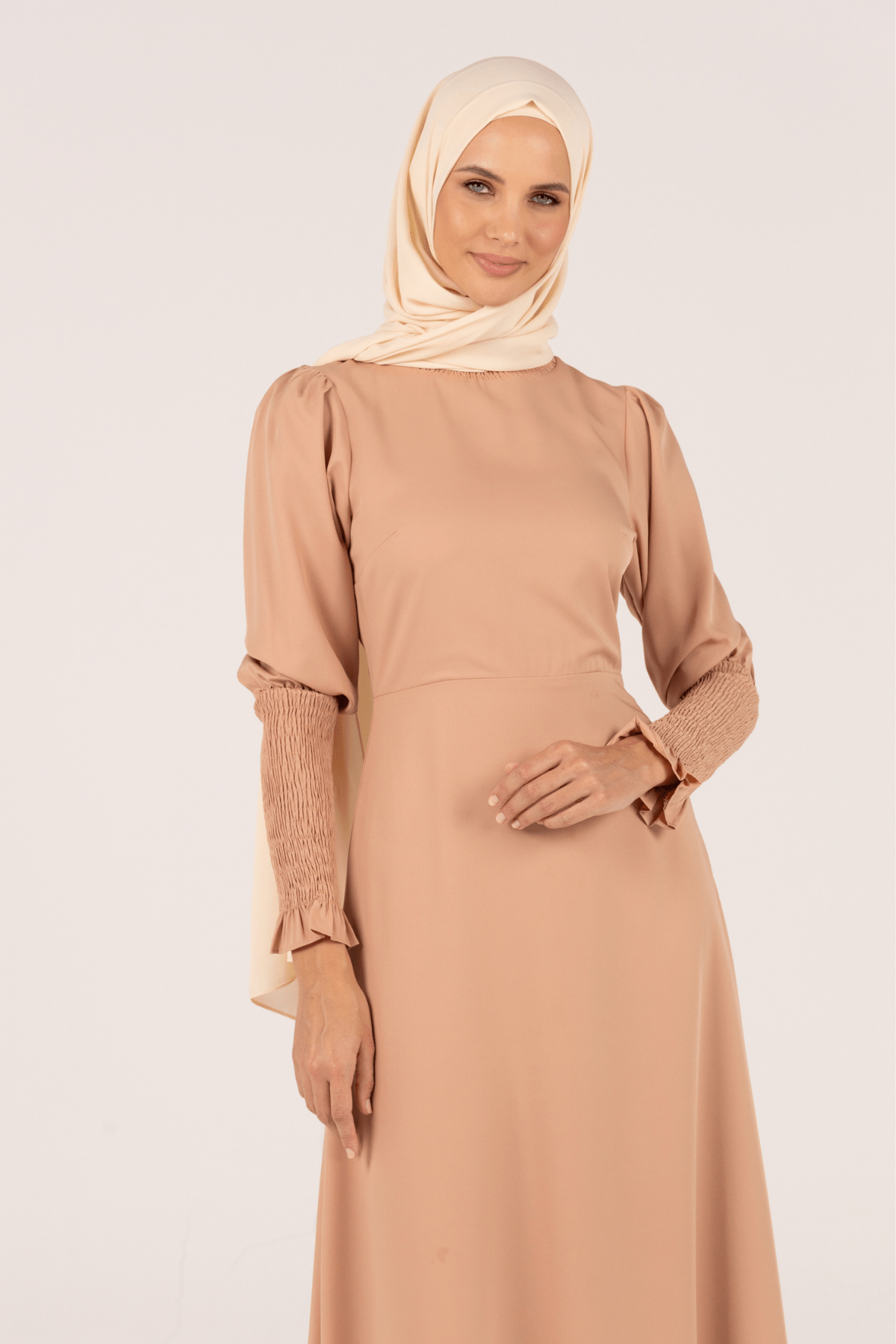 Chamomel Dresses Classic Smocked Sleeves Floral Maxi Crepe Dress - Peach