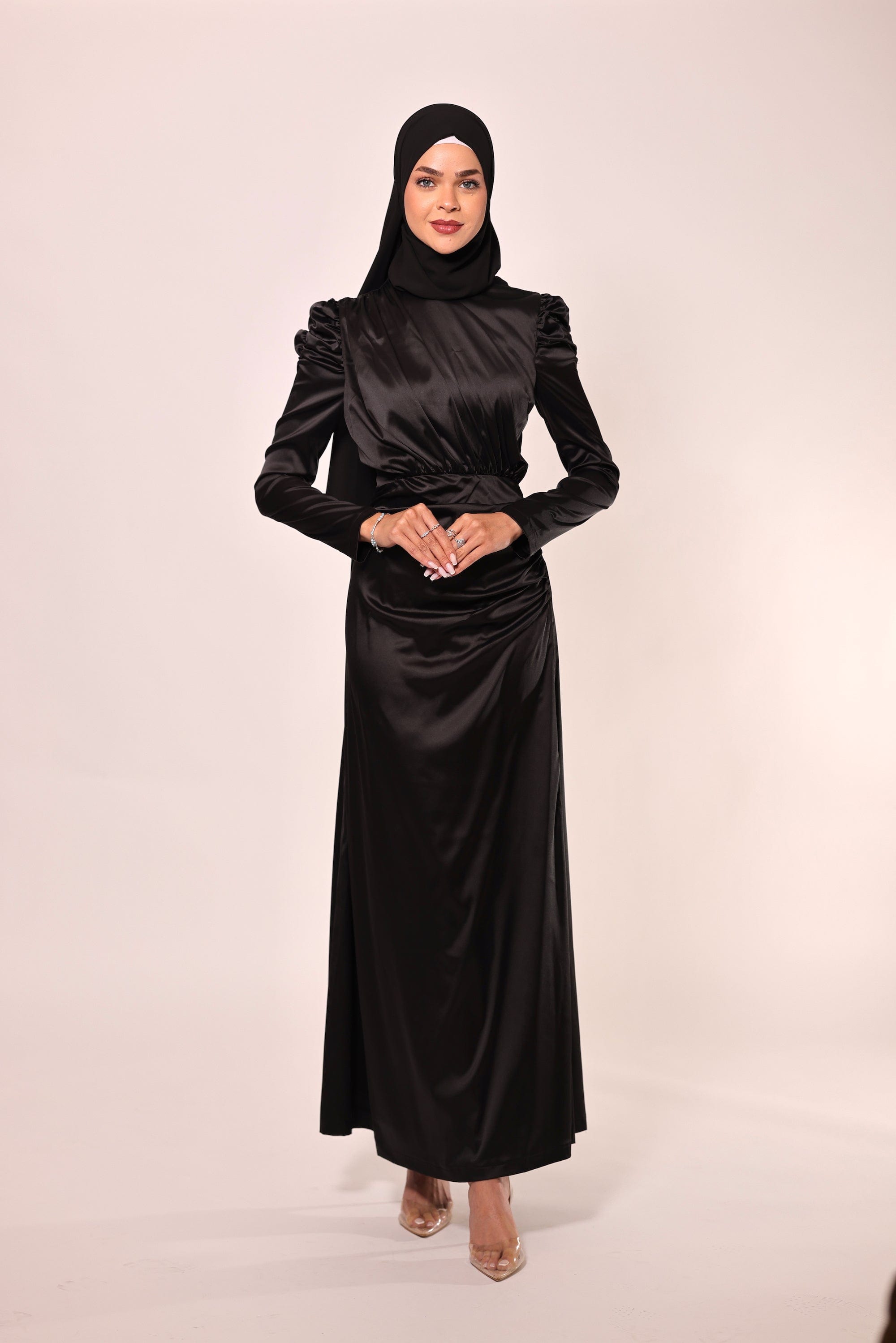 Chamomel Dresses Luxury Satin Maxi Dress With Ruching Details - Black