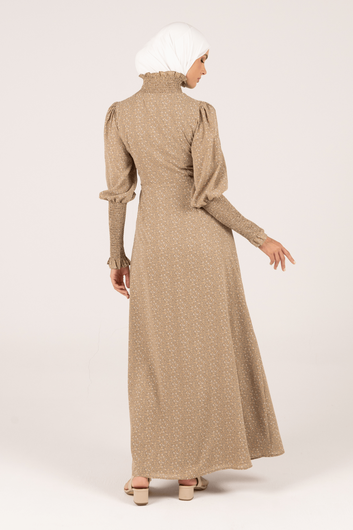 Chamomel Dresses Smocked Sleeves Floral Maxi Dress - Khaki