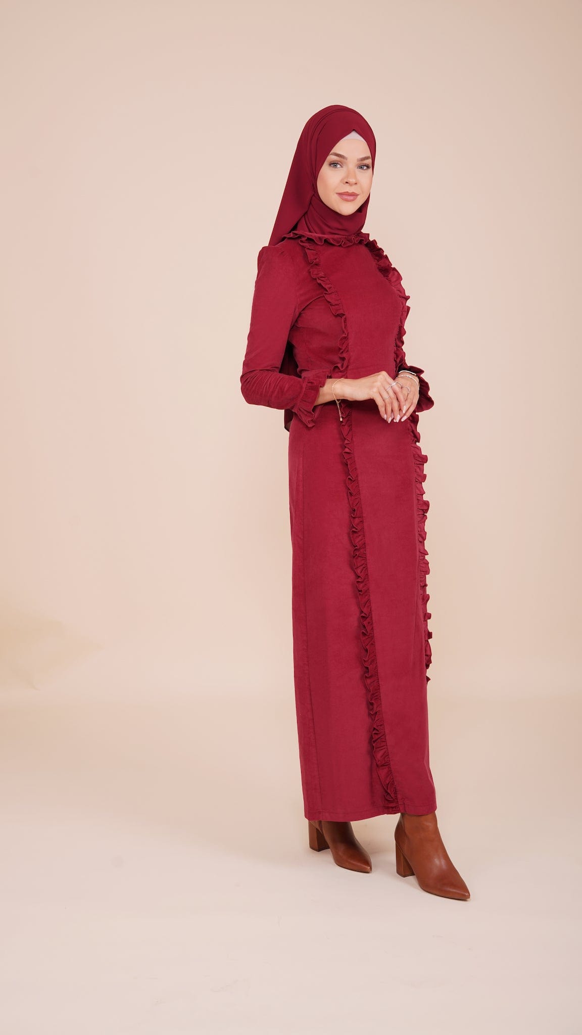 Chamomel Dresses 100% Corduroy Cotton Belted Ruffles Dress