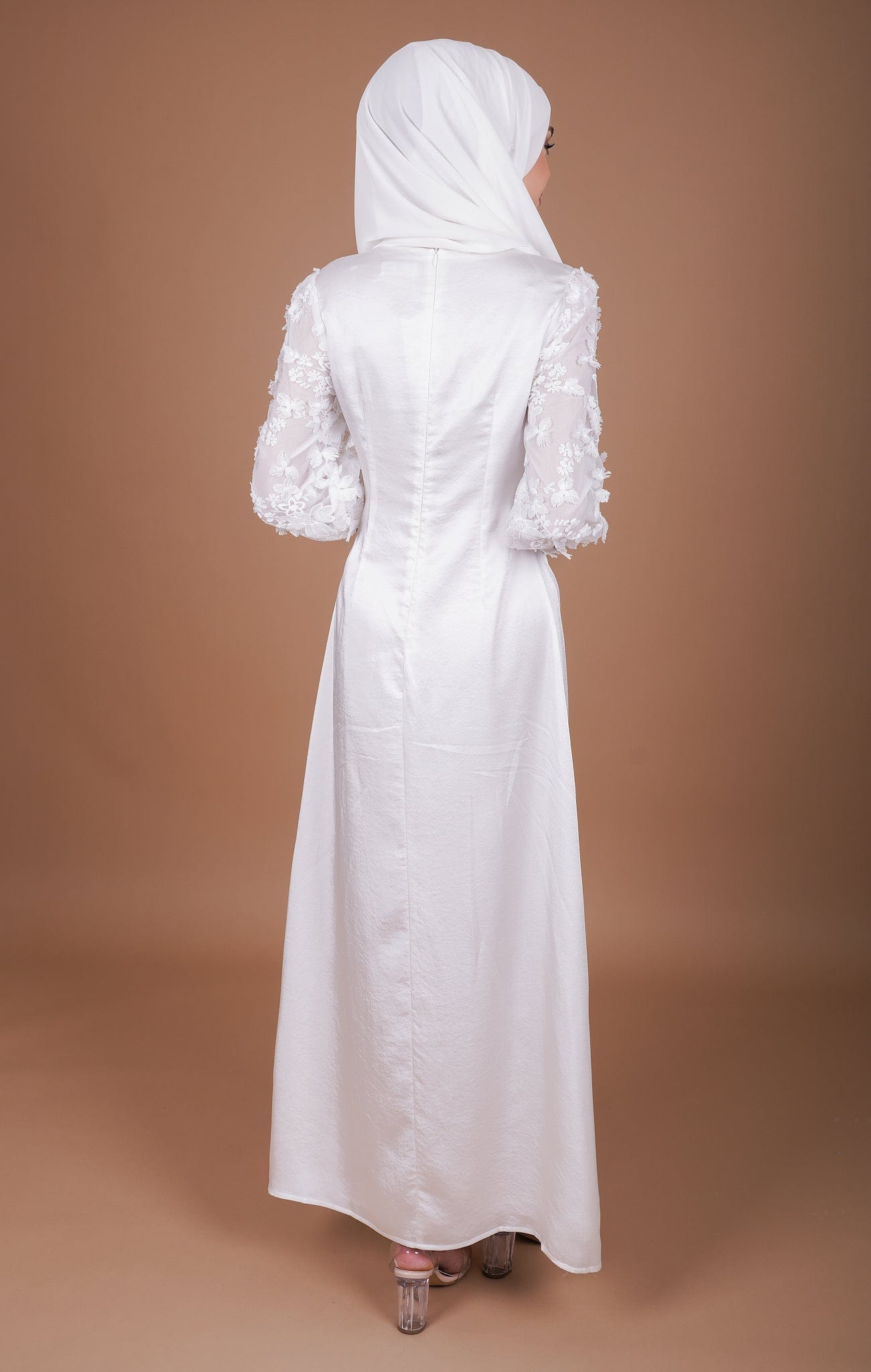 Chamomel Dresses Classy Satin Dress With Flowered Lace Sleeves