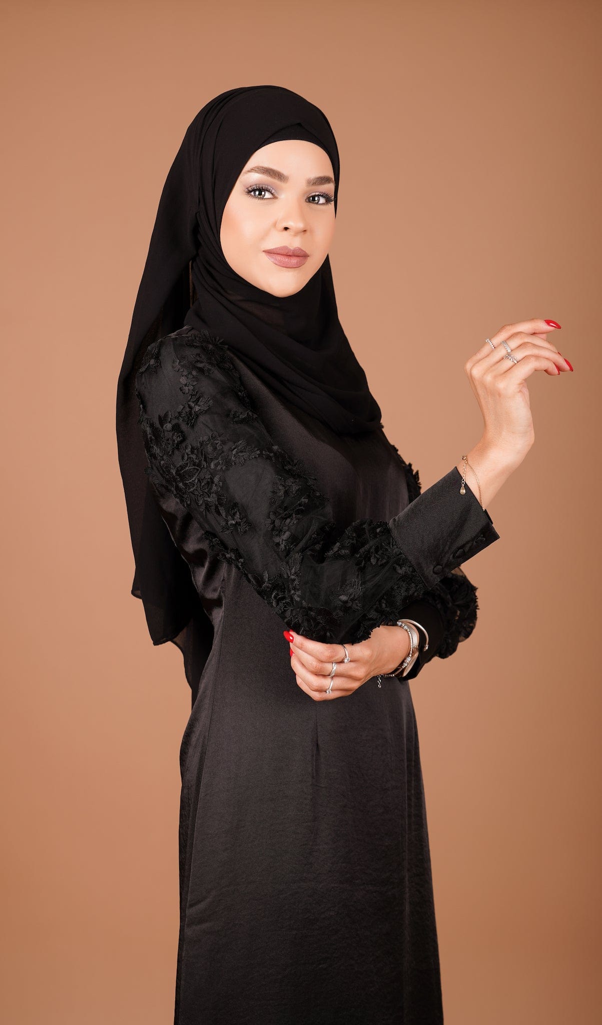 Chamomel Dresses Classy Satin Dress With Flowered Lace Sleeves