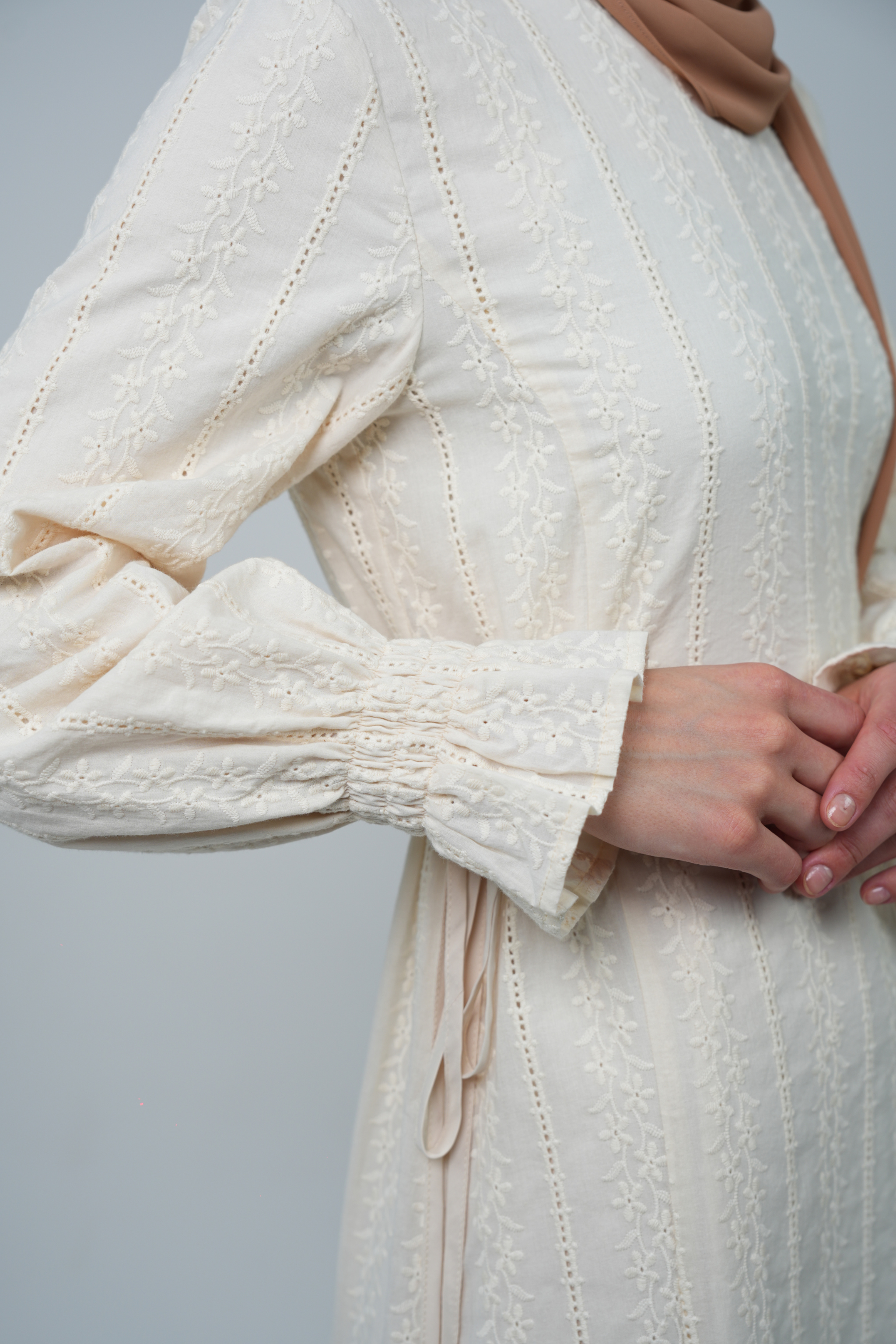 Embroidered 100% Cotton Maxi Dress with Adjustable Waist Tie